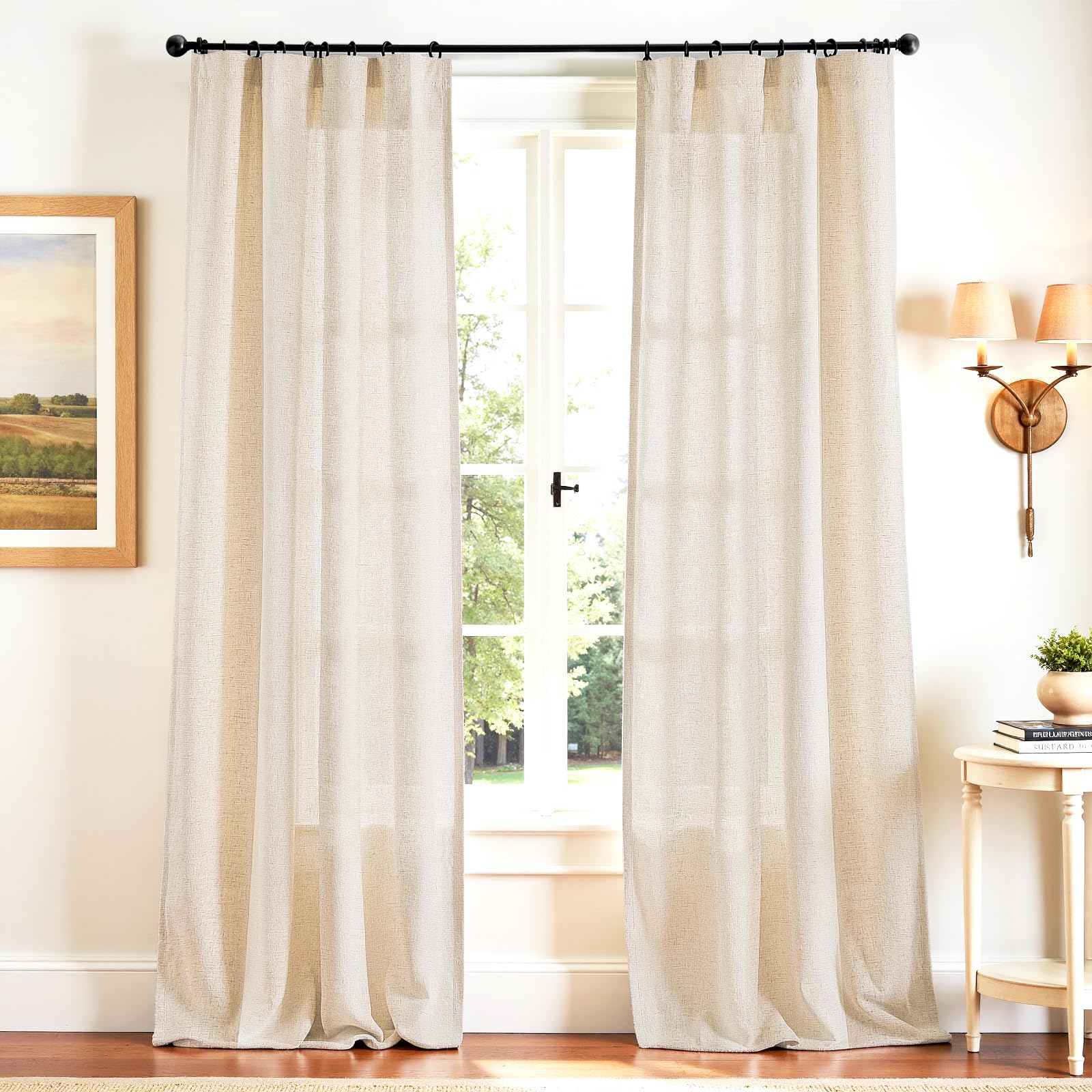Linen Curtains for Living Room Bedroom 84 Inches Long Thick Linen Textured Beige Curtains Light Filtering Natural Semi Sheer Farmhouse Window Drapes, Country Rustic Drapes 2 Panels Back Tab/Rod Pocket