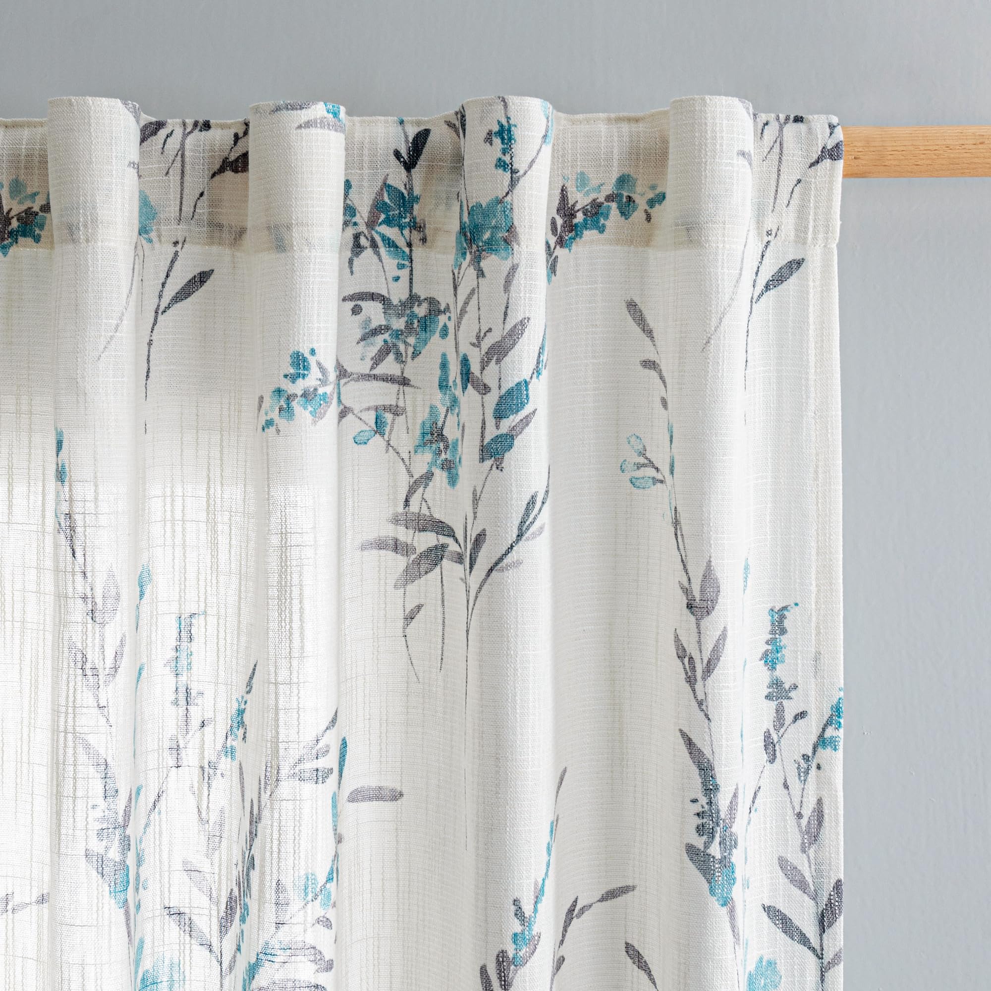 MYSKY HOME Sheer Curtains 84 Inches Long 2 Panels Linen Blended Farmhouse Curtains & Drapes for Living Room Bedroom, Light Filtering Privacy Curtains Floral Printed Classical Home Decor, Navy Blue(2)