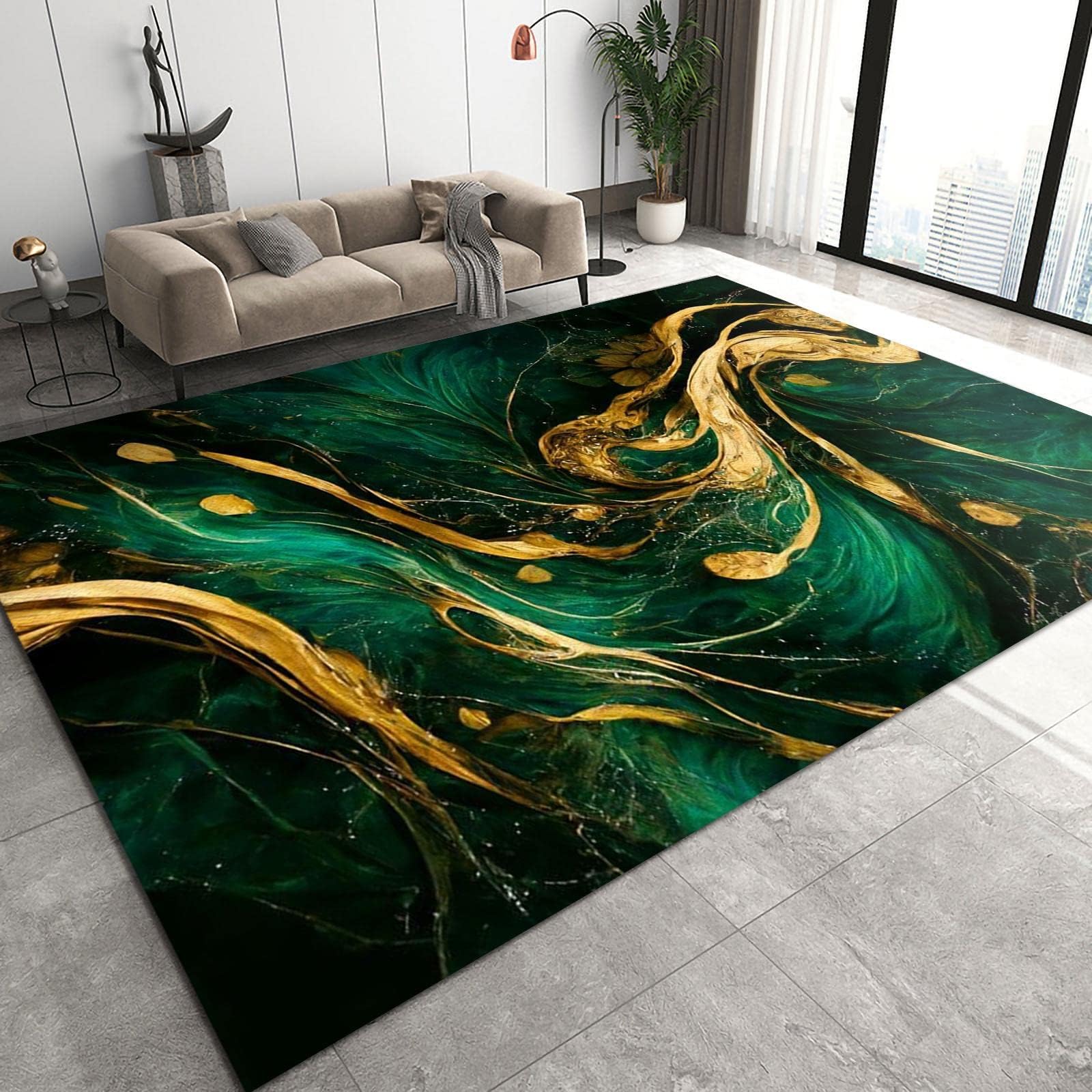 5x6 Area Rug Nordic Light Luxury Rugs for Bedroom, Emerald Green Pink Blue Gold Geometric Bedroom Rug Aesthetic Easy to Clean for Indoor Outdoor Hardwood Floors Home Decor