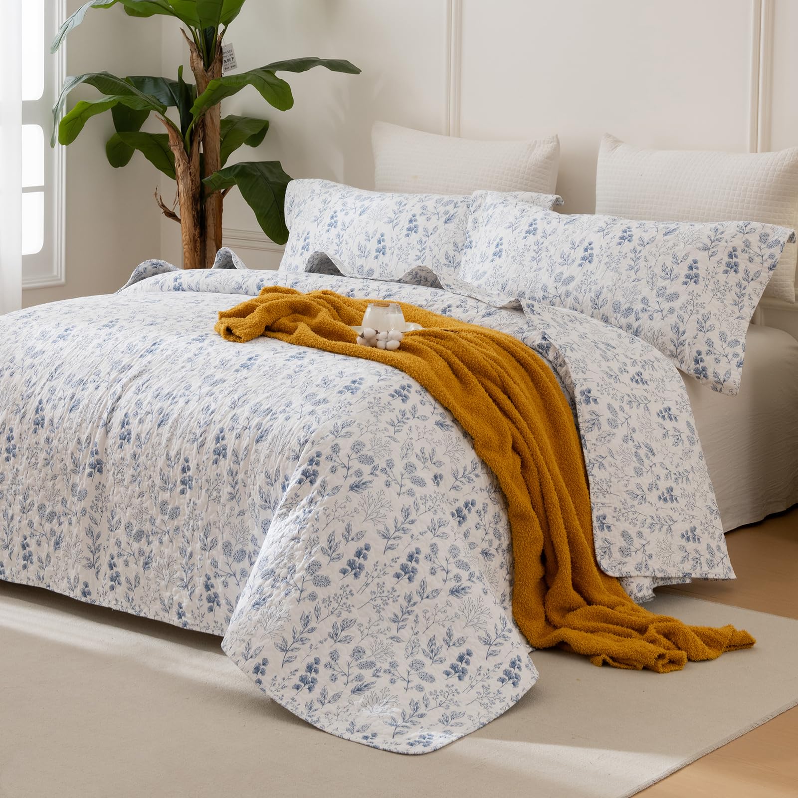 Sanracie 100% Cotton Quilt Queen Size(90"x98")-Floral Quilted Bedspreads Set,3pcs Yellow Wild Flower Botanical Printed Pattern Quilt Bedding Coverlet Summer Soft Lightweight Aesthetic Bedding