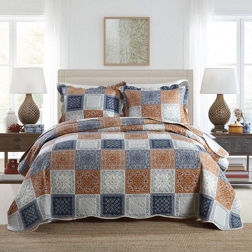NEWLAKE Quilt Set Queen Size, 100% Cotton Patchwork Green Bohemian Quilt Sets, Reversible Bedspread Lightweight and Breathable for All Seasons, Soft Quilted Bedspread with 2 Pillow Shams