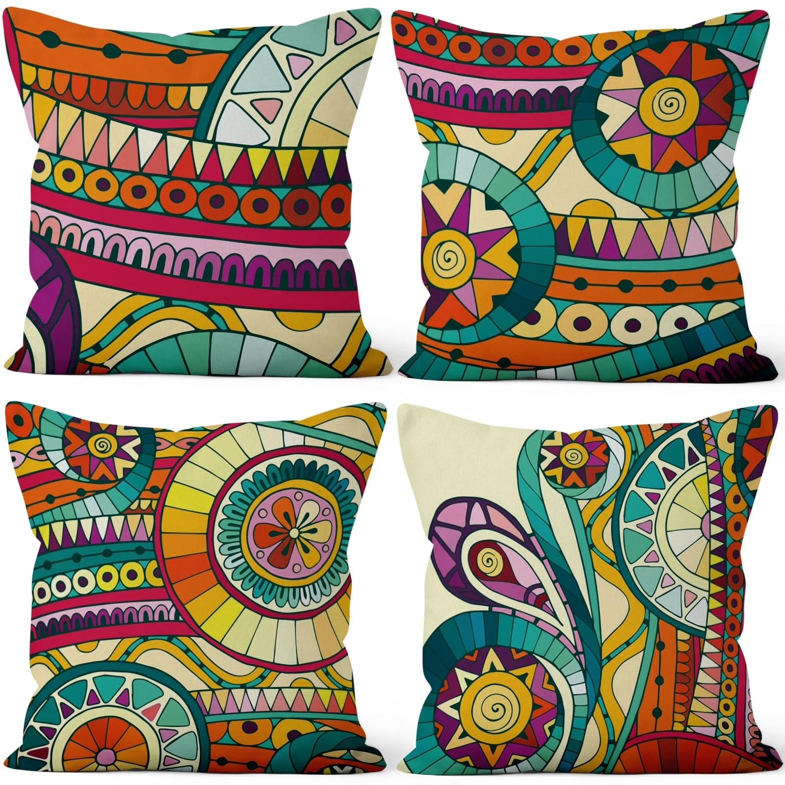 4 Pcs/Set Geometric Pillow Covers Boho Abstract Strips Patchwork Color Geometric Ethnic Colorful Vintage Artwork Linen Throw Cushion Cases for Couch Sofa Bedroom Decorative, 22"x22"