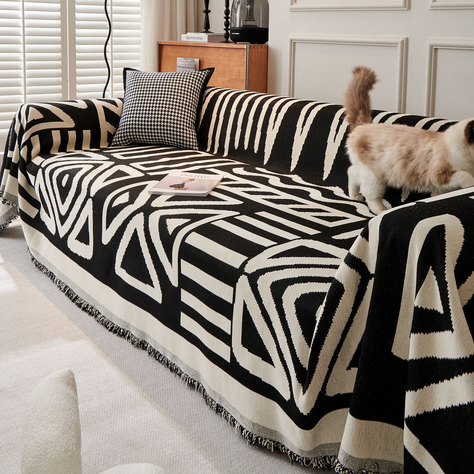 VClife Boho Couch Cover, Washable Sofa Cover for Dog, Non Slip Couch Covers for 3 Cushion Couch, Modern Khaki Creamy White Geometric Sofa Slipcovers Multi-Functional Furniture Protector 71'' x 134''