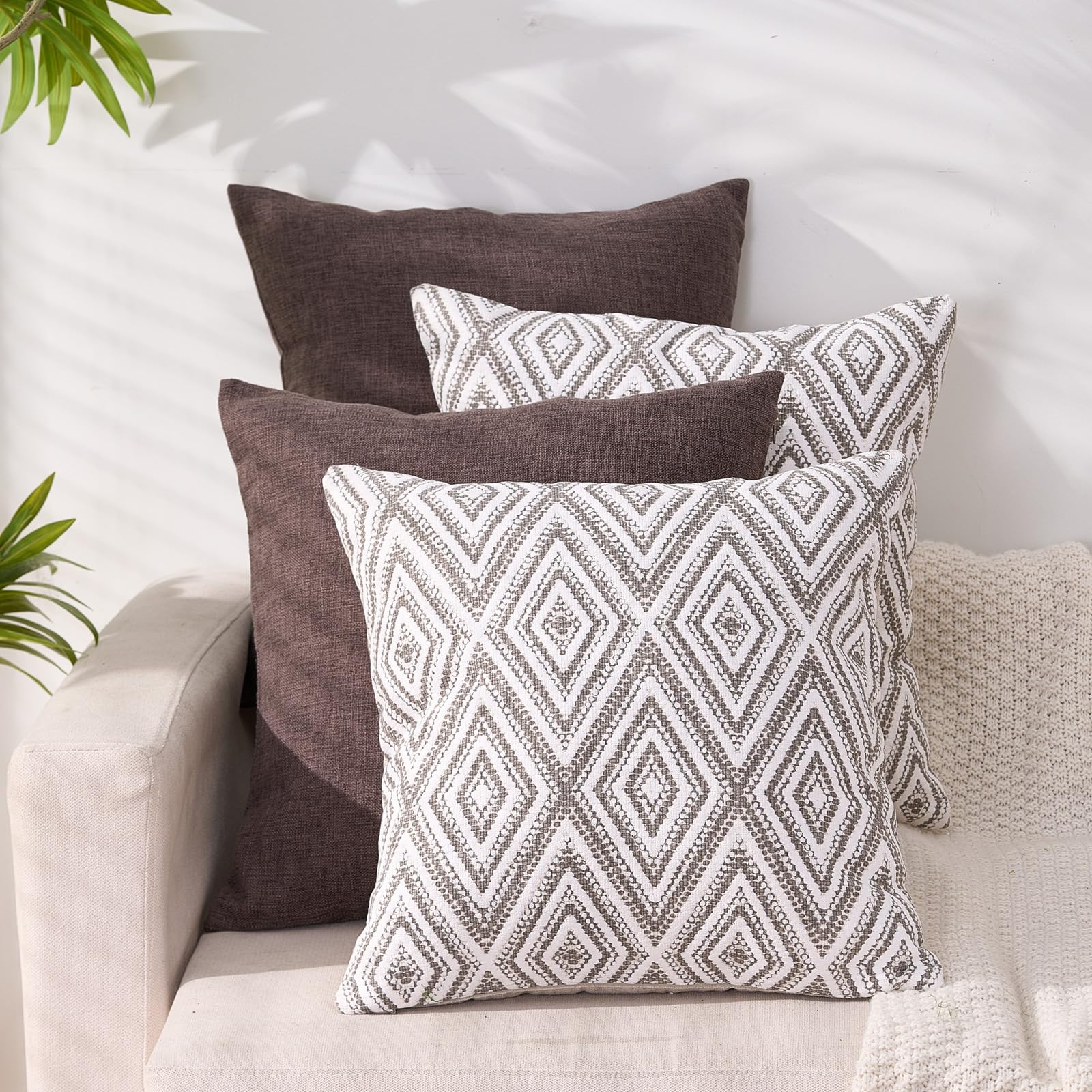 HPUK Decorative Throw Pillow Covers Set of 4 Geometric Design Linen Cushion Cover for Couch Sofa Living Room, 18"x18" inches, Golden Brown
