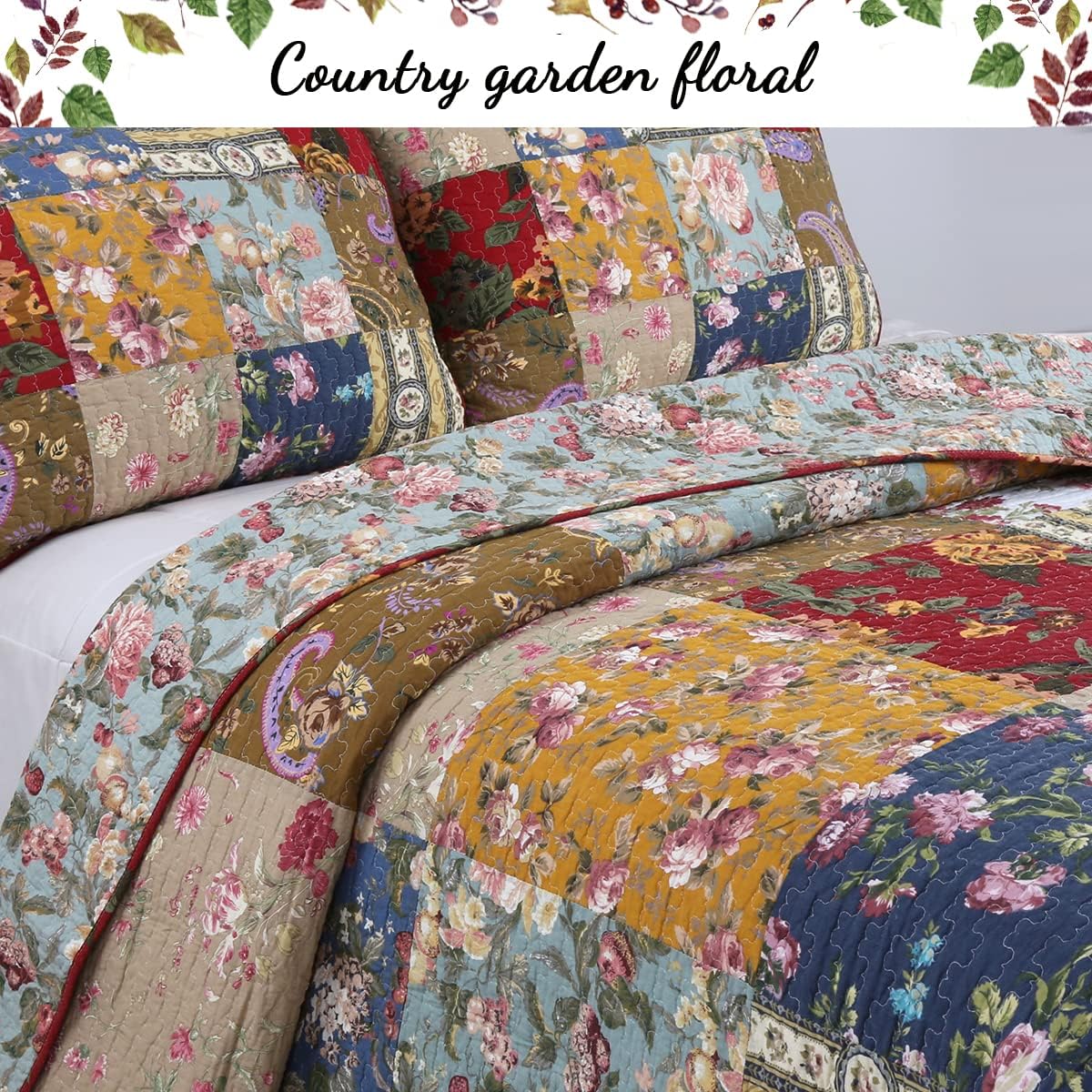Khaki Red Farmhouse Patchwork Quilt Set, Queen Size 3-Piece Reversible Cotton Bedding