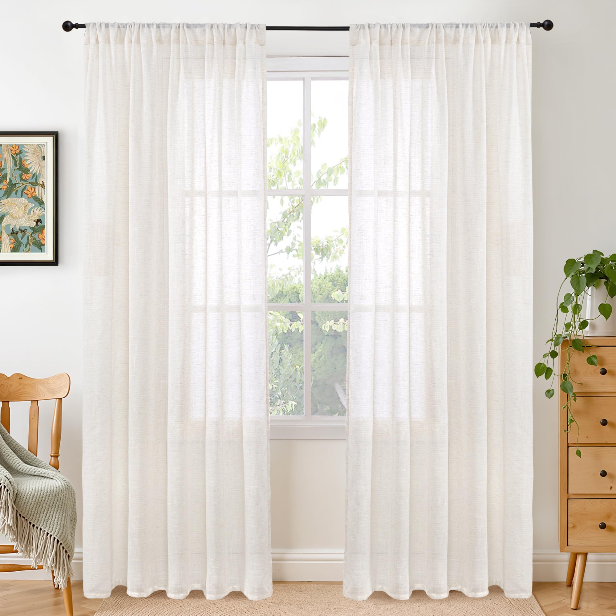 BGment 80 Inches Long Natural Linen Curtains 2 Panels Set - Burlap Light Filtering Window Drapes with Rod Pocket Semi Sheer for Farmhouse Bedroom Decor Rustic, 52 Inch Wide Each Panel