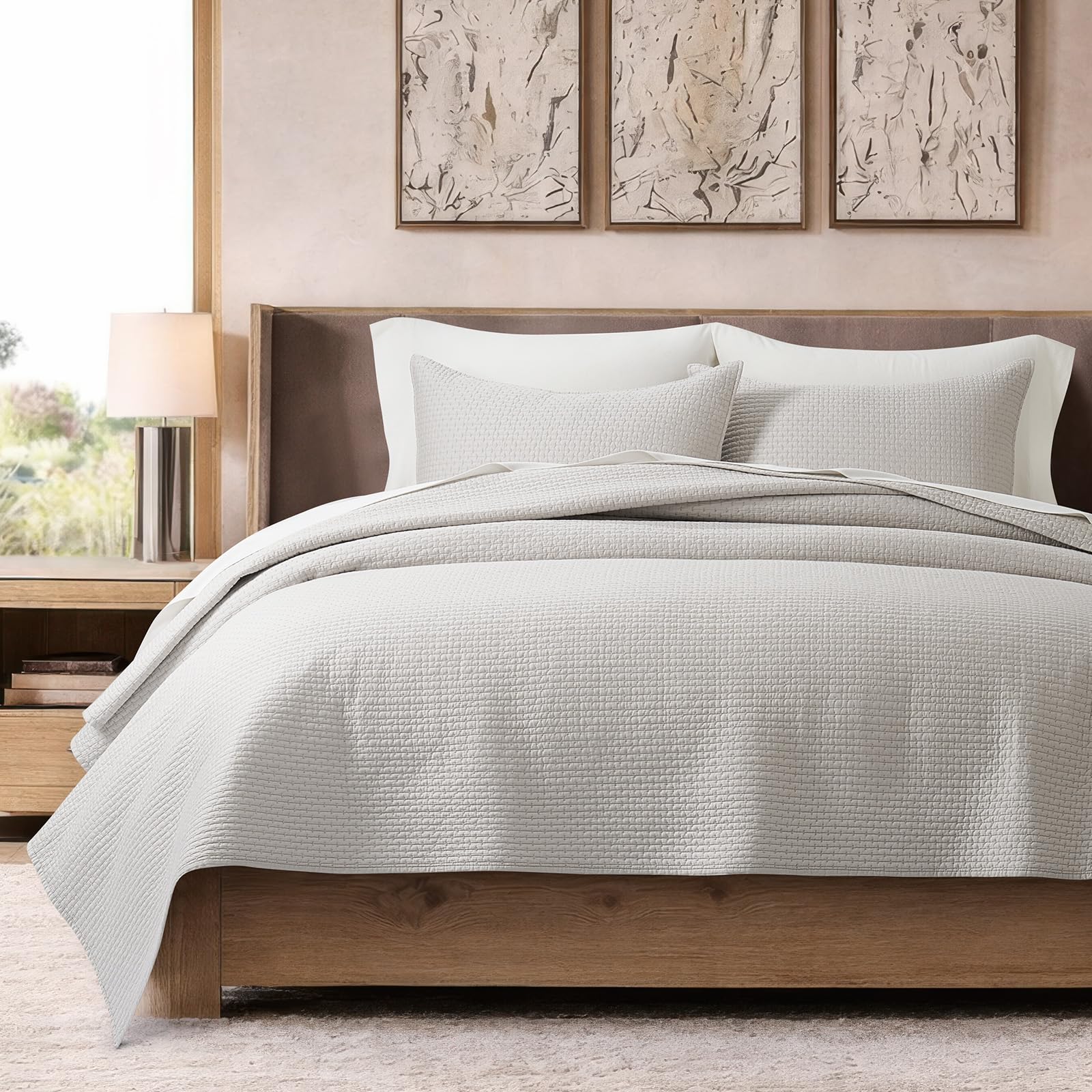 EVERGRACE Cotton Sateen Pick-Stitch Quilt Set Queen Size – 100% Cotton Coverlet Bedding, Pre-Washed Oversized Bedspread, Breathable All-Season Quilt Set with 2 Shams, Stone Taupe