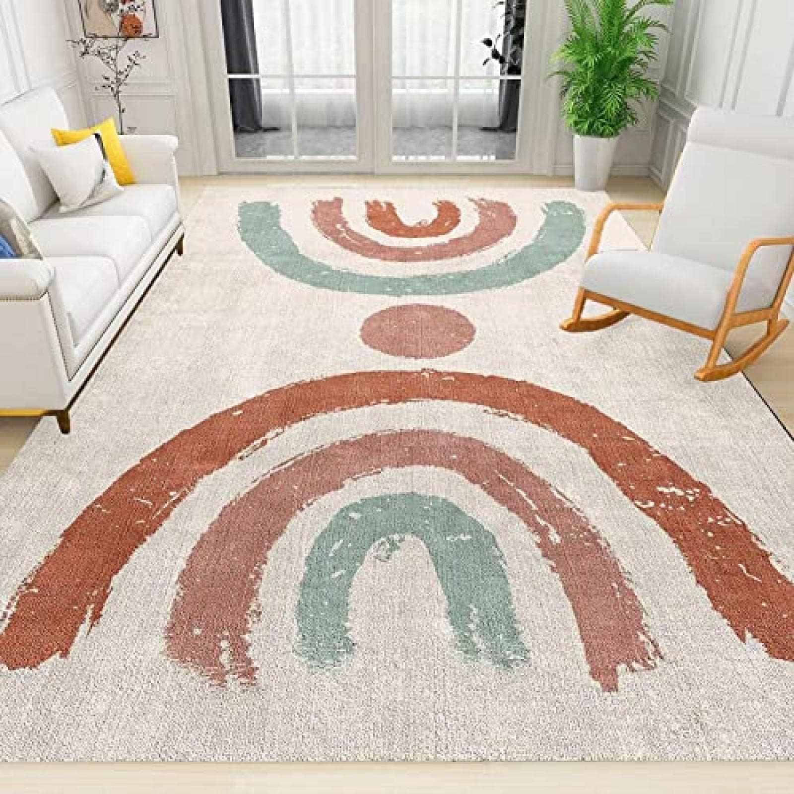 5x6 Area Rug Nordic Light Luxury Rugs for Bedroom, Emerald Green Pink Blue Gold Geometric Bedroom Rug Aesthetic Easy to Clean for Indoor Outdoor Hardwood Floors Home Decor