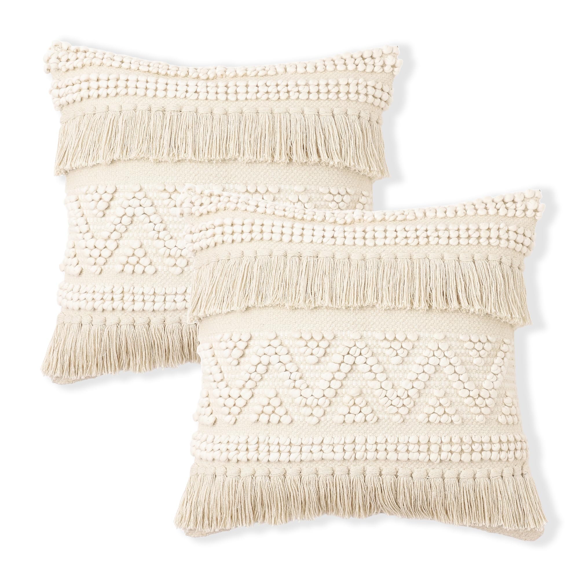 REDEARTH Handmade Boho Throw Pillow Covers - Bohemian Chic Farmhouse Style - Accent Woven Indoor and Outdoor Pillow Cushion Cases for Couch - Bed - Chair - Sofa - Benches – Set of 2-18"x18" - Taupe