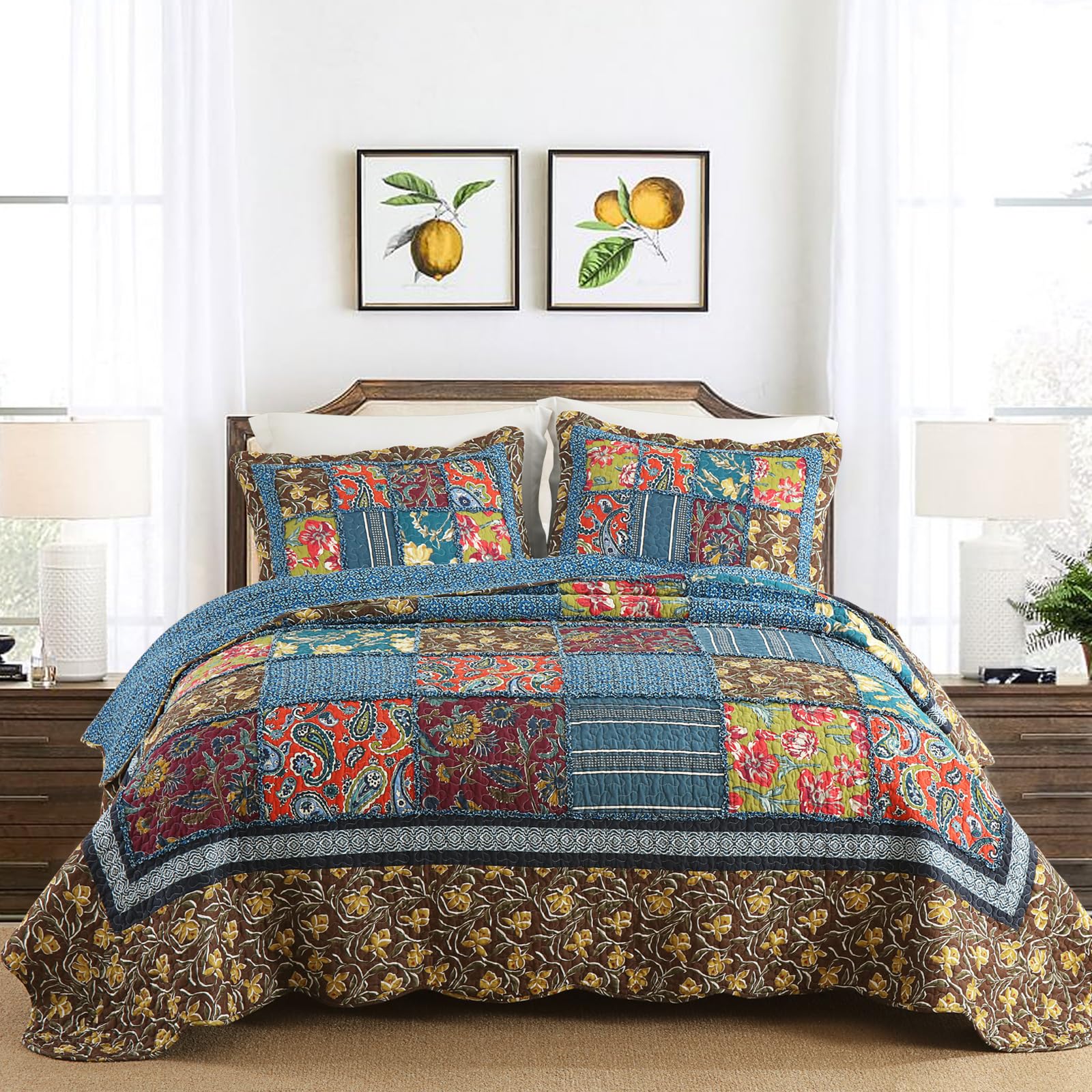 Yvooxny Quilts Queen Size Reversible Lightweight Bedspread 3-Piece Quilt Set Plaid Floral Patchwork 100% Cotton Queen Quilt Set Bedding Set with Pillow Shams for All Seasons, Azure Blue, 90x98''