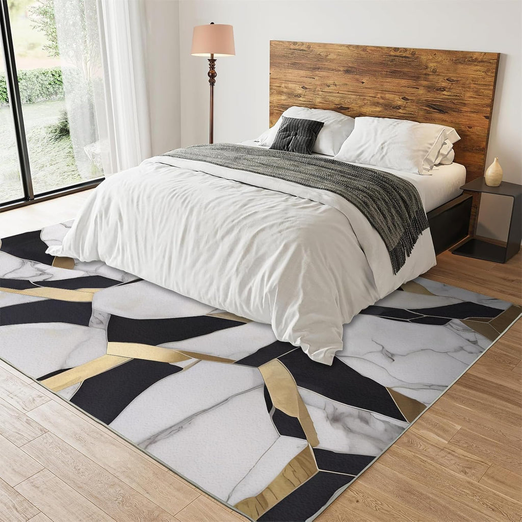 3x5 Rug Minimalist Light Luxury Washable Rugs, Nordic Marble Irregular Geometry Bedroom Rugs with Non Slip Backing for Bedroom Hotel Hardwood Floors Garage Farmhouse