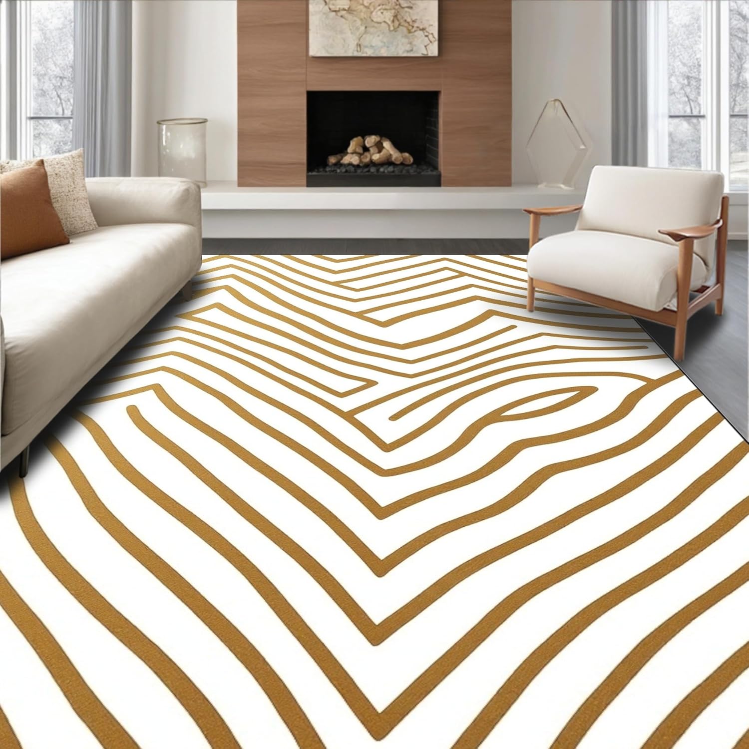 Gold 5x7 Flatwoven Area Rug, Crest Wave Design, Washable for Living Room Bedroom