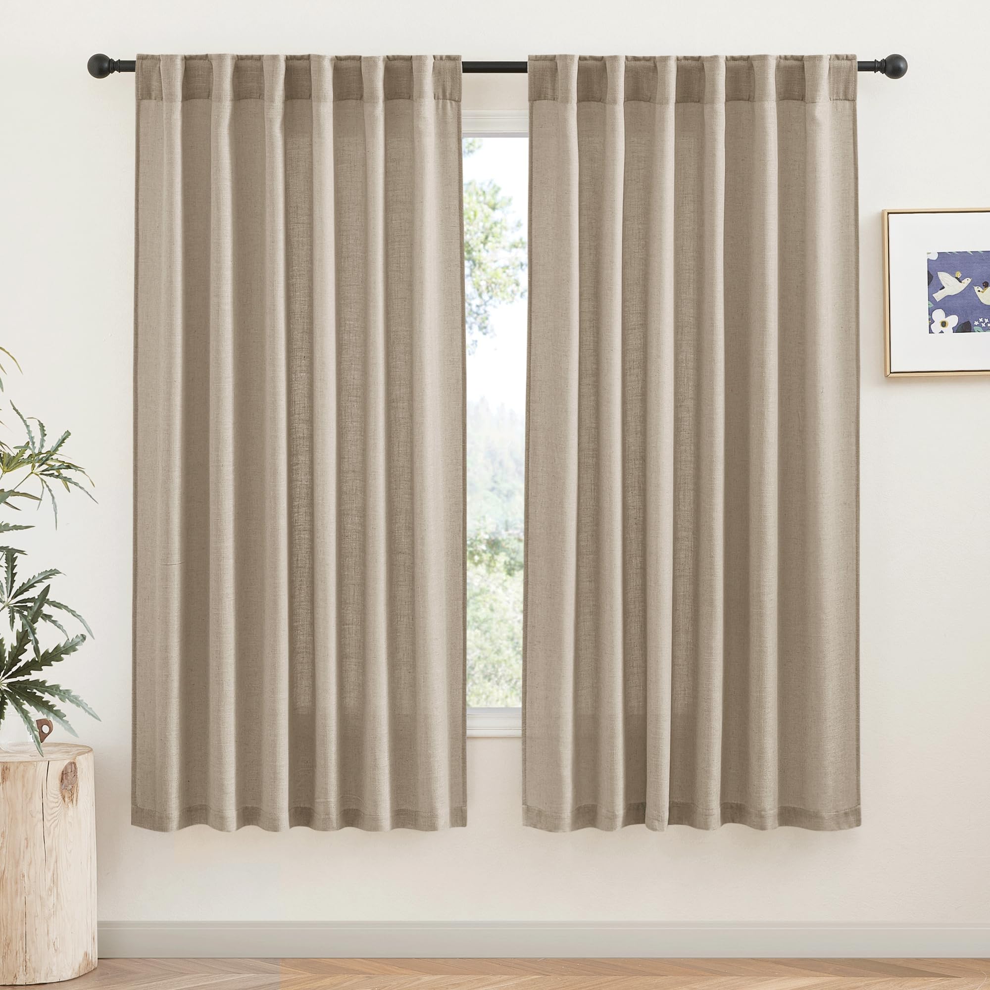 RYB HOME Semi Sheer Curtains - Linen Blend Privacy Curtains Sheer Window Treatment Drapes Farmhouse Decor for Bedroom Living Room Sliding Glass Door, 52 inch Wide x 95 inch Long 2 Panels, Linen