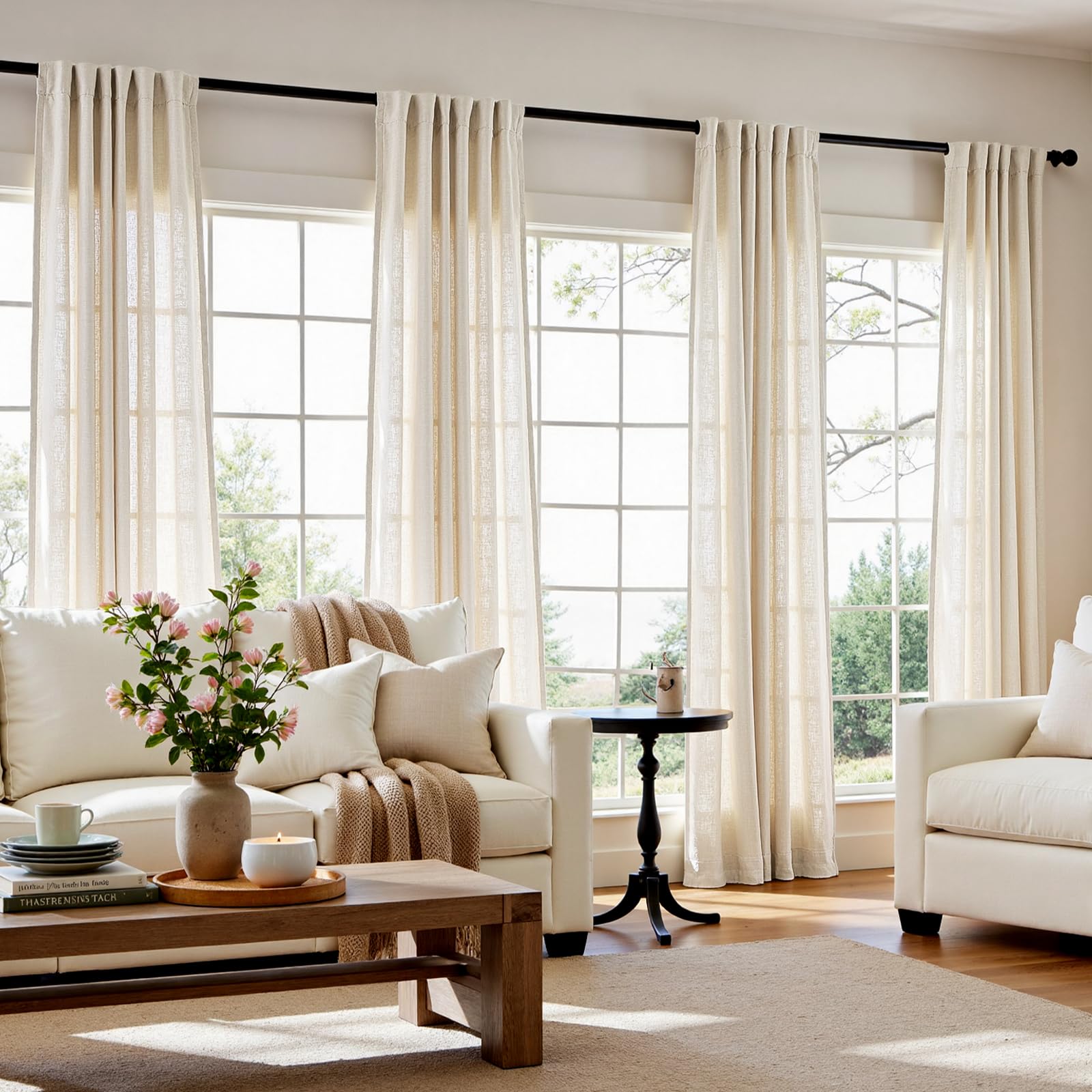 Linen Curtains for Living Room Bedroom 84 Inches Long Thick Linen Textured Beige Curtains Light Filtering Natural Semi Sheer Farmhouse Window Drapes, Country Rustic Drapes 2 Panels Back Tab/Rod Pocket