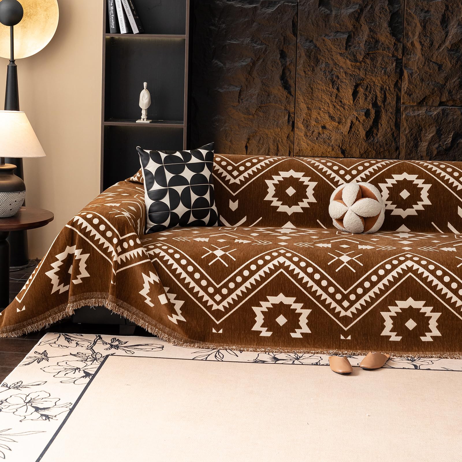 VClife Boho Couch Cover Blue Geometric Jacquard Pattern Sofa Cover, 1 Piece Large Couch Covers for 3 Cushion Couch Sofa Washable Plush Chenille Sofa Protector for Living Room, 71x134 Inch