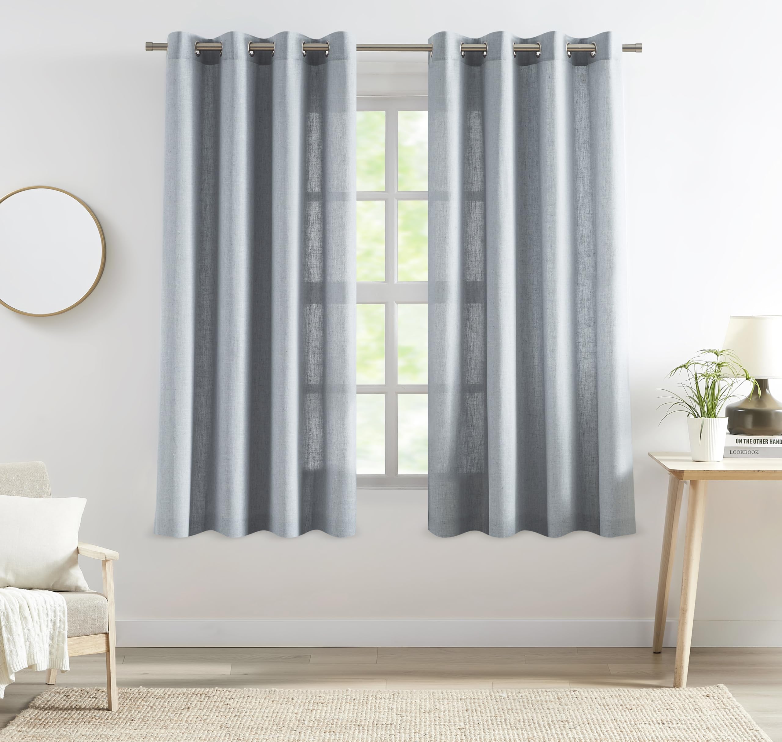 2 Panels Soft Green Linen Blend Sheer Curtains 58"x95", Grommet Light Filtering Drapes