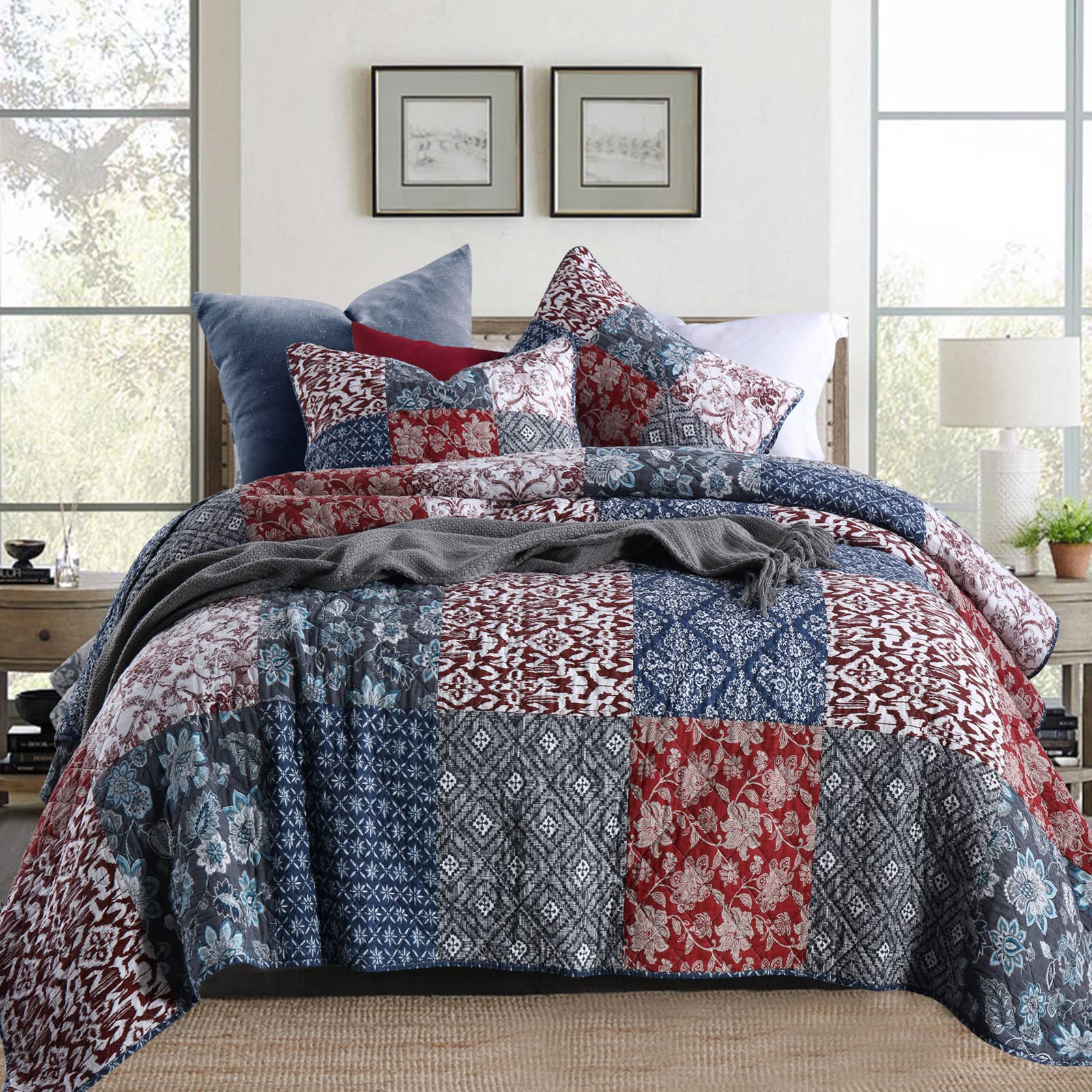 Yvooxny Quilts Queen Size Reversible Lightweight Bedspread 3-Piece Quilt Set Plaid Floral Patchwork 100% Cotton Queen Quilt Set Bedding Set with Pillow Shams for All Seasons, Azure Blue, 90x98''