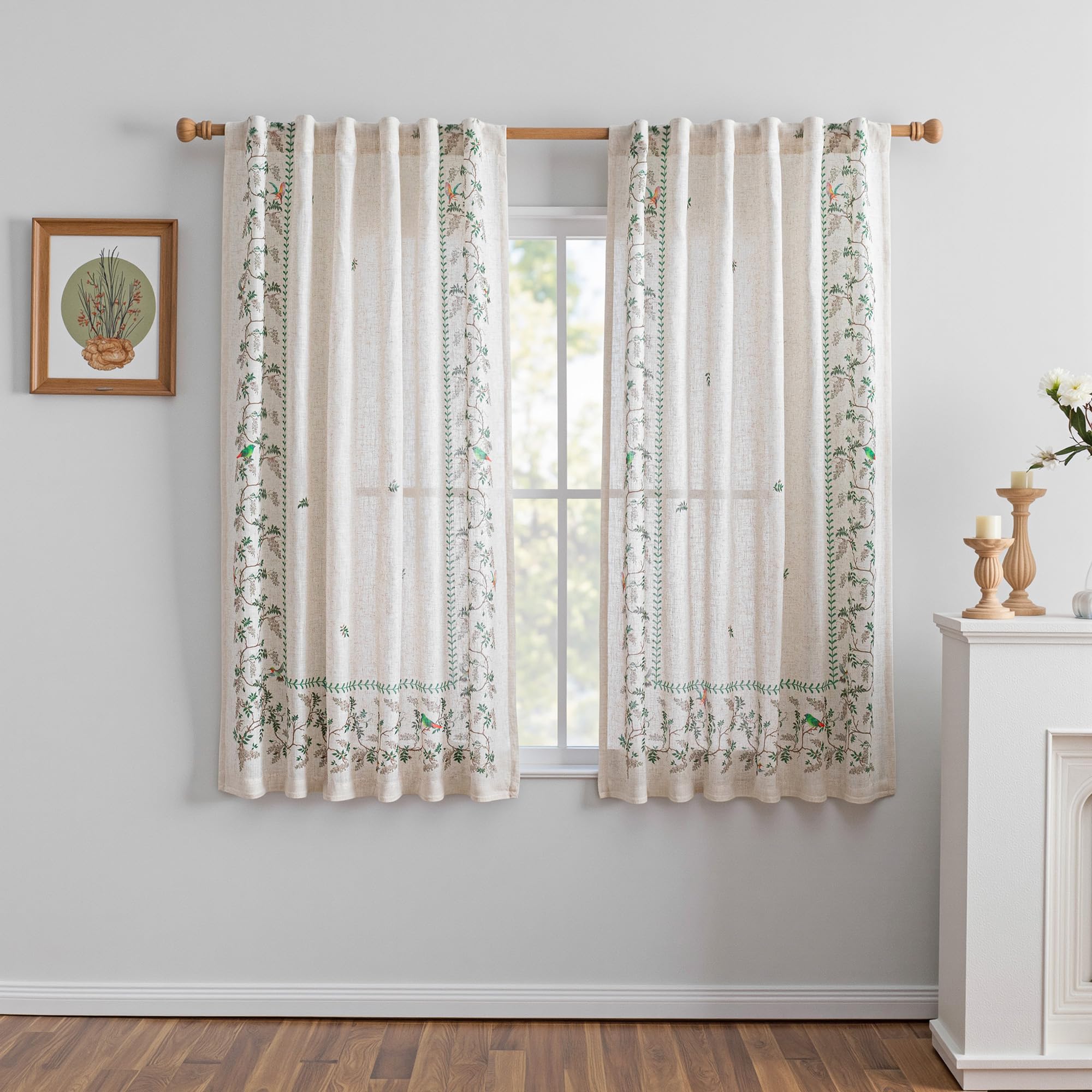 MYSKY HOME Sheer Curtains 84 Inches Long 2 Panels Linen Blended Farmhouse Curtains & Drapes for Living Room Bedroom, Light Filtering Privacy Curtains Floral Printed Classical Home Decor, Navy Blue(2)