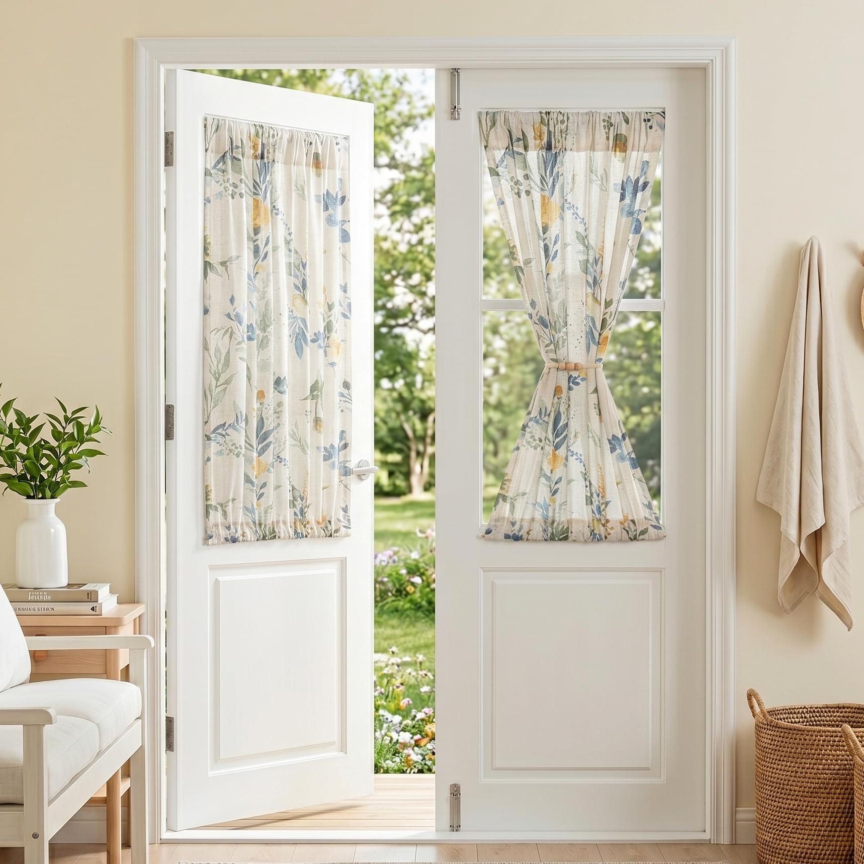MYSKY HOME Sheer Curtains 84 Inches Long 2 Panels Linen Blended Farmhouse Curtains & Drapes for Living Room Bedroom, Light Filtering Privacy Curtains Floral Printed Classical Home Decor, Navy Blue(2)