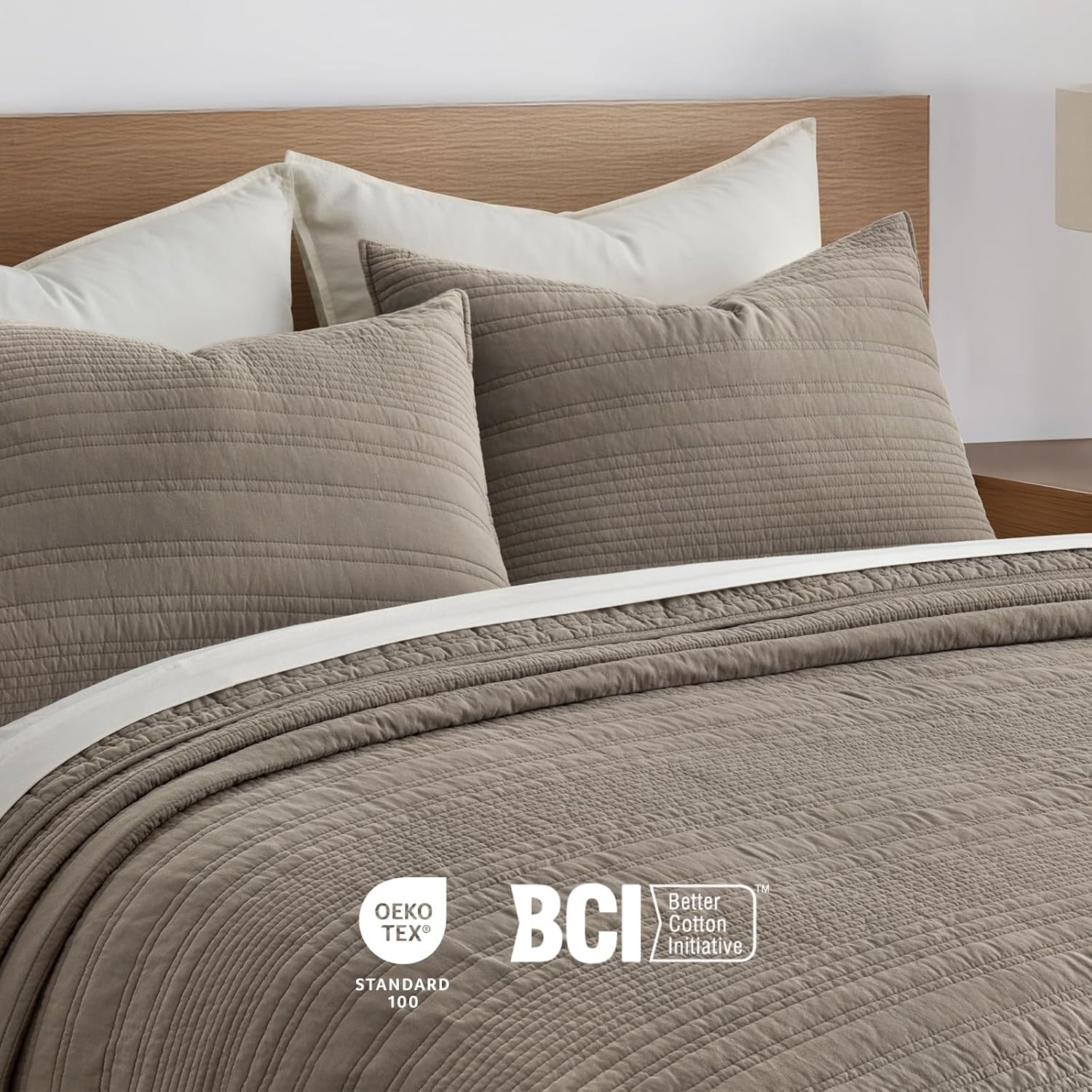 EVERGRACEHOME 100% Cotton Modern Lines Quilt Set Queen Size, Pre-Washed Soft Striped Coverlet Bedspread, 3 Piece Lightweight Bedding Set for All Season, with 2 Pillow Shams, Stone Taupe