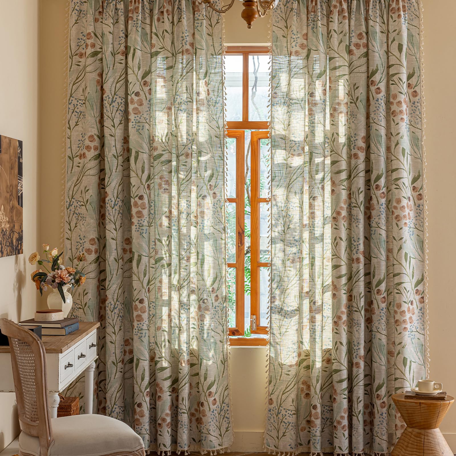 Green Boho Floral Curtains 84", 2 Panels Cotton Linen Semi-Blackout Drapes with Tassel