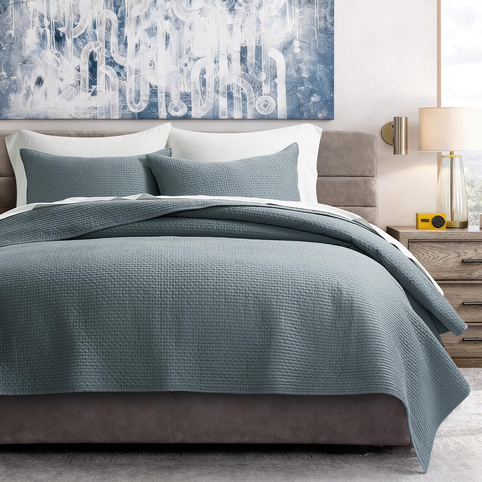 EVERGRACE Cotton Sateen Pick-Stitch Quilt Set Queen Size – 100% Cotton Coverlet Bedding, Pre-Washed Oversized Bedspread, Breathable All-Season Quilt Set with 2 Shams, Stone Taupe
