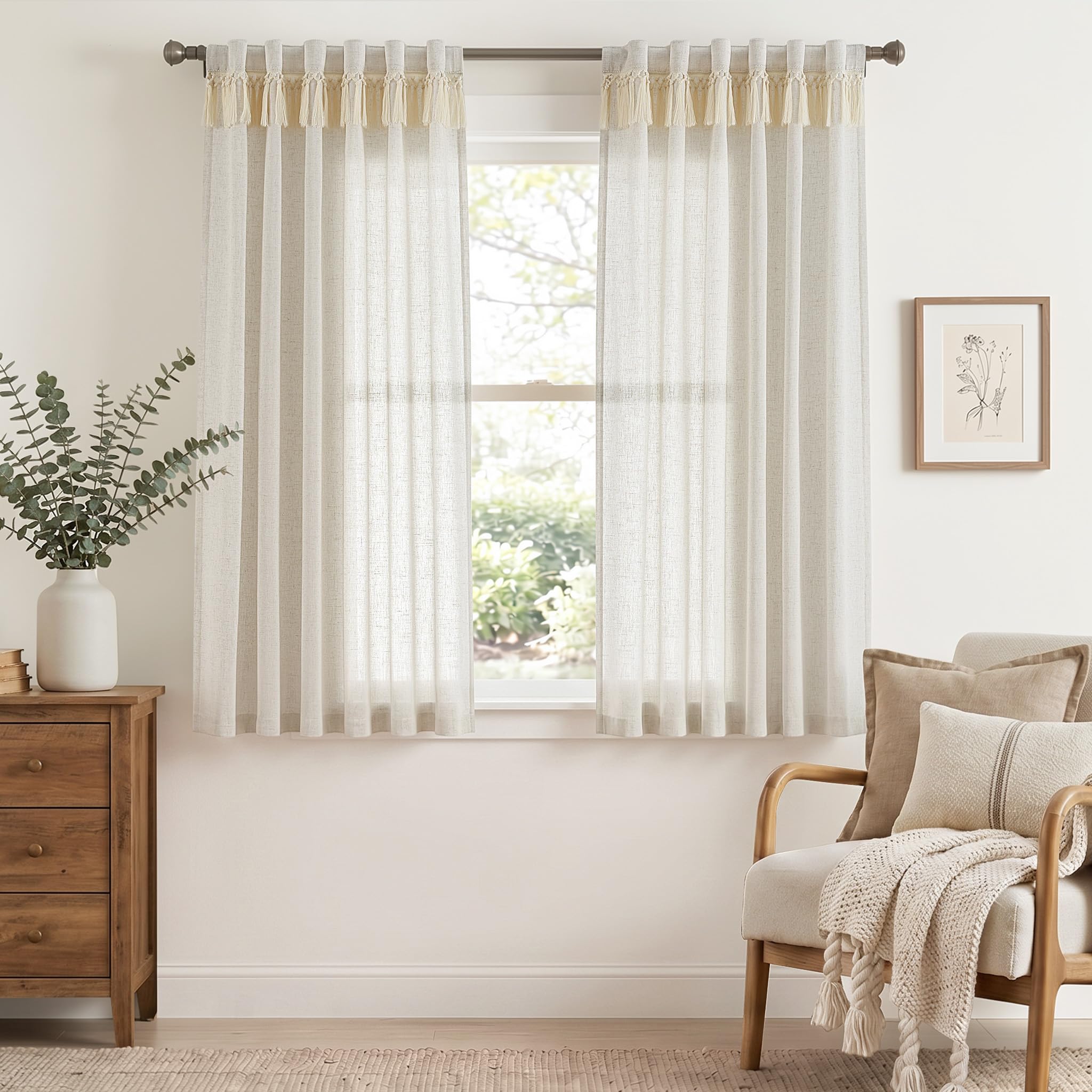 Linen Curtains for Living Room Bedroom 84 Inches Long Thick Linen Textured Beige Curtains Light Filtering Natural Semi Sheer Farmhouse Window Drapes, Country Rustic Drapes 2 Panels Back Tab/Rod Pocket