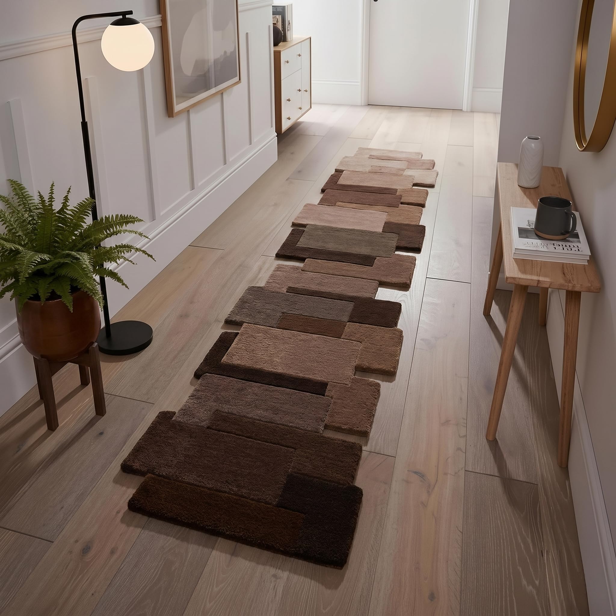 Restoration and Renovation Multi-Color Wool Runner Rug 2.6' x 8' – Handmade, Irregular Block Pattern, Artistic Geometric Design Carpet for Living Room, Bedroom, Kitchen & Home Decor