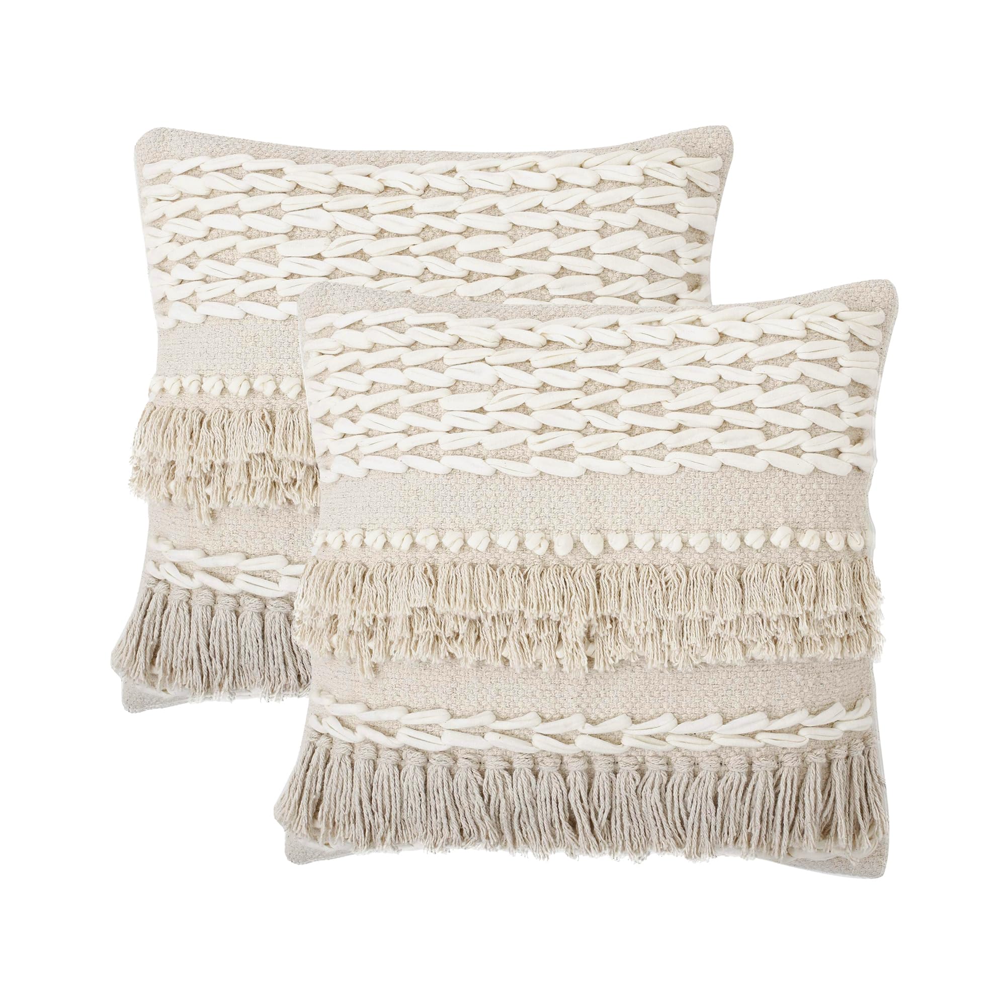 REDEARTH Handmade Boho Throw Pillow Covers - Bohemian Chic Farmhouse Style - Accent Woven Indoor and Outdoor Pillow Cushion Cases for Couch - Bed - Chair - Sofa - Benches – Set of 2-18"x18" - Taupe