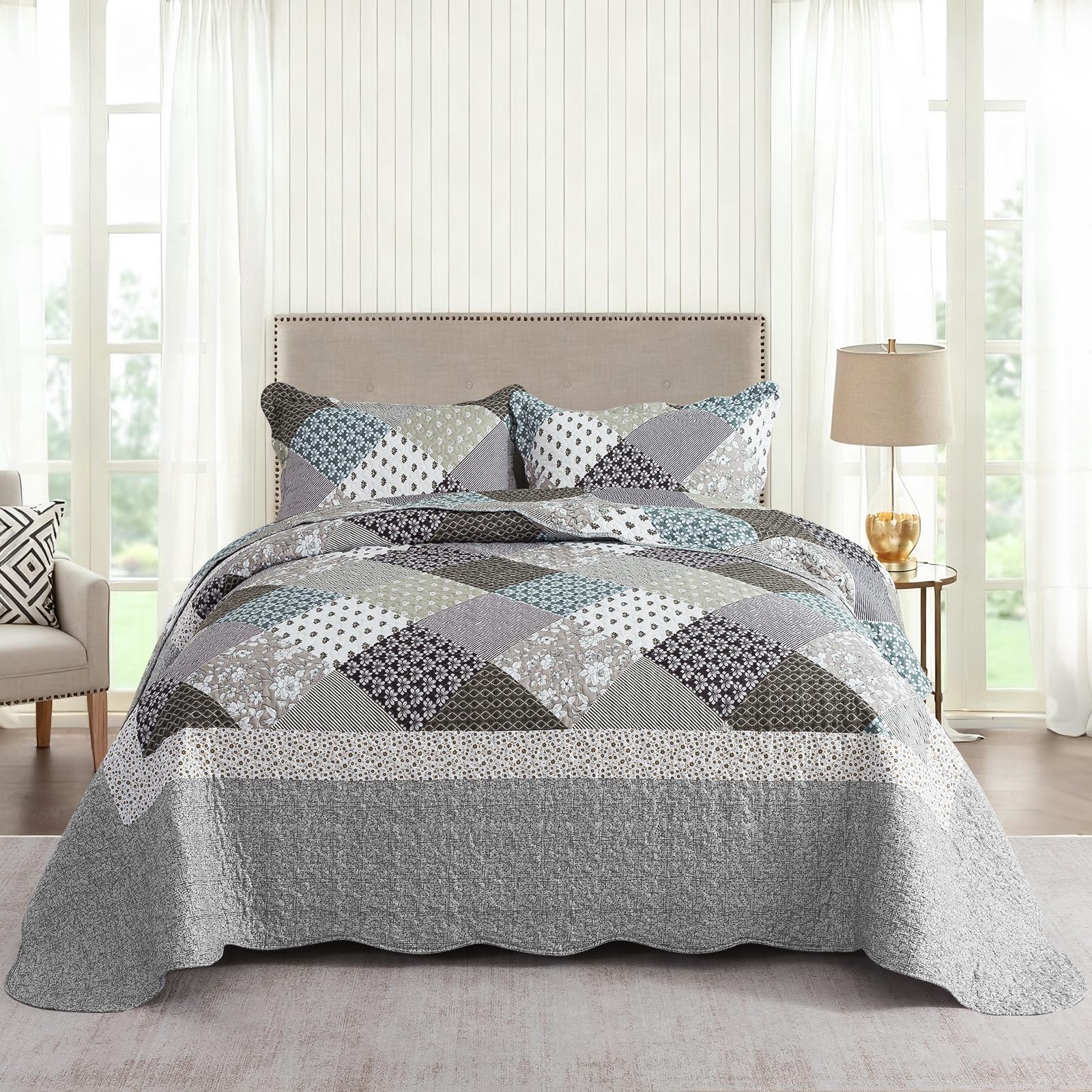 NEWLAKE Quilt Set Queen Size, 100% Cotton Patchwork Green Bohemian Quilt Sets, Reversible Bedspread Lightweight and Breathable for All Seasons, Soft Quilted Bedspread with 2 Pillow Shams