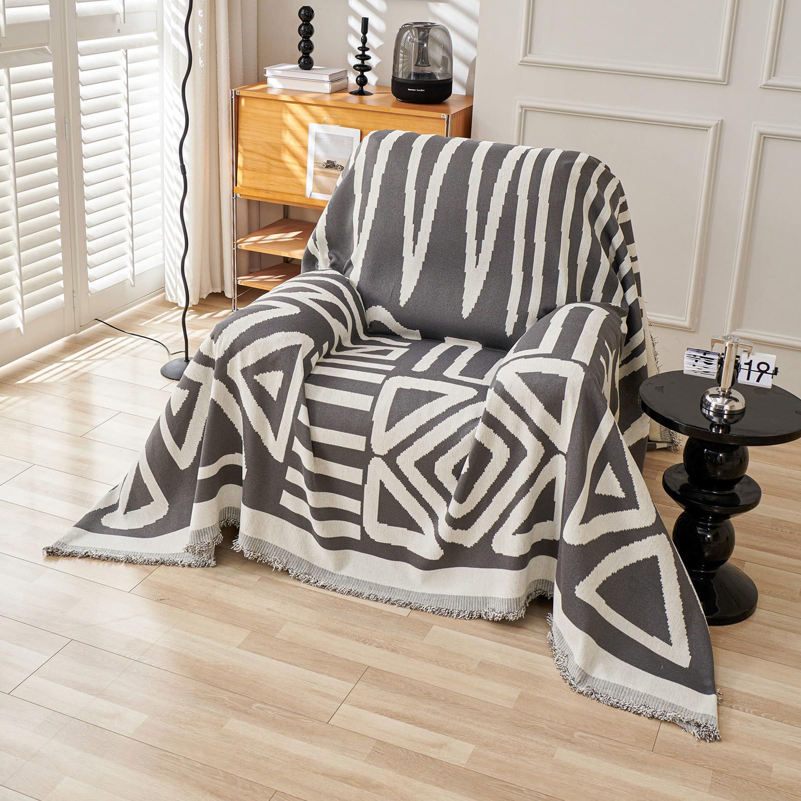 VClife Boho Couch Cover, Washable Sofa Cover for Dog, Non Slip Couch Covers for 3 Cushion Couch, Modern Khaki Creamy White Geometric Sofa Slipcovers Multi-Functional Furniture Protector 71'' x 134''