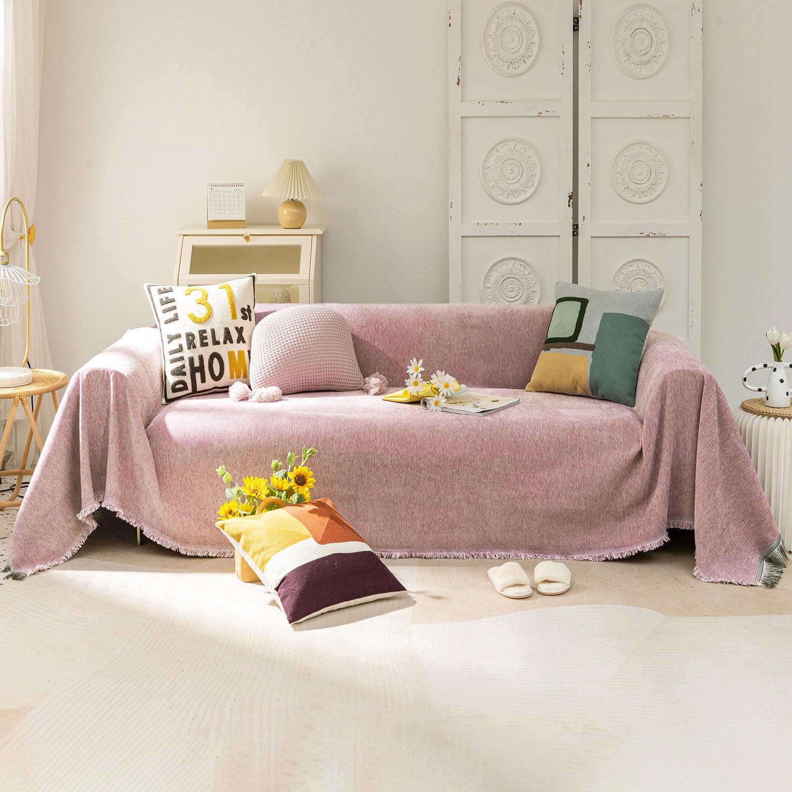 VClife Boho Couch Cover, Washable Sofa Cover for Dog, Non Slip Couch Covers for 3 Cushion Couch, Modern Khaki Creamy White Geometric Sofa Slipcovers Multi-Functional Furniture Protector 71'' x 134''