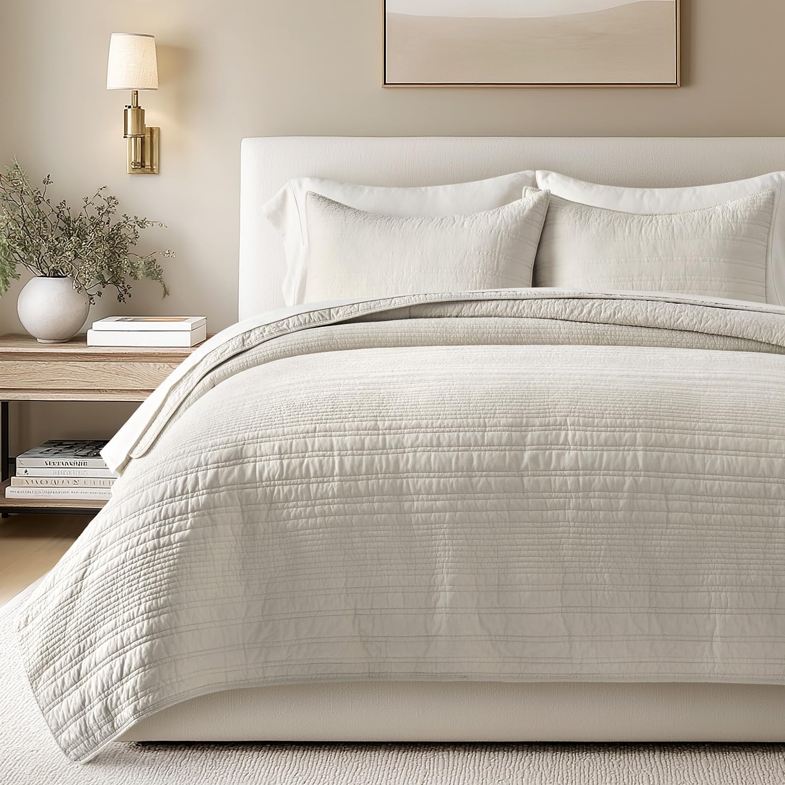 EVERGRACEHOME 100% Cotton Modern Lines Quilt Set Queen Size, Pre-Washed Soft Striped Coverlet Bedspread, 3 Piece Lightweight Bedding Set for All Season, with 2 Pillow Shams, Stone Taupe