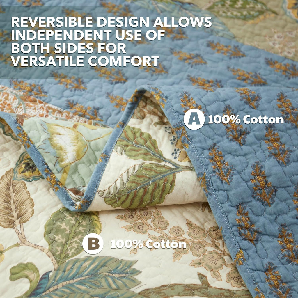 NEWLAKE Quilt Set Queen Size, 100% Cotton Patchwork Green Bohemian Quilt Sets, Reversible Bedspread Lightweight and Breathable for All Seasons, Soft Quilted Bedspread with 2 Pillow Shams