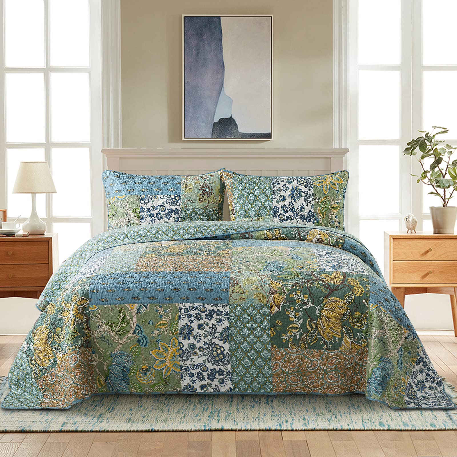 NEWLAKE Quilt Set Queen Size, 100% Cotton Patchwork Green Bohemian Quilt Sets, Reversible Bedspread Lightweight and Breathable for All Seasons, Soft Quilted Bedspread with 2 Pillow Shams