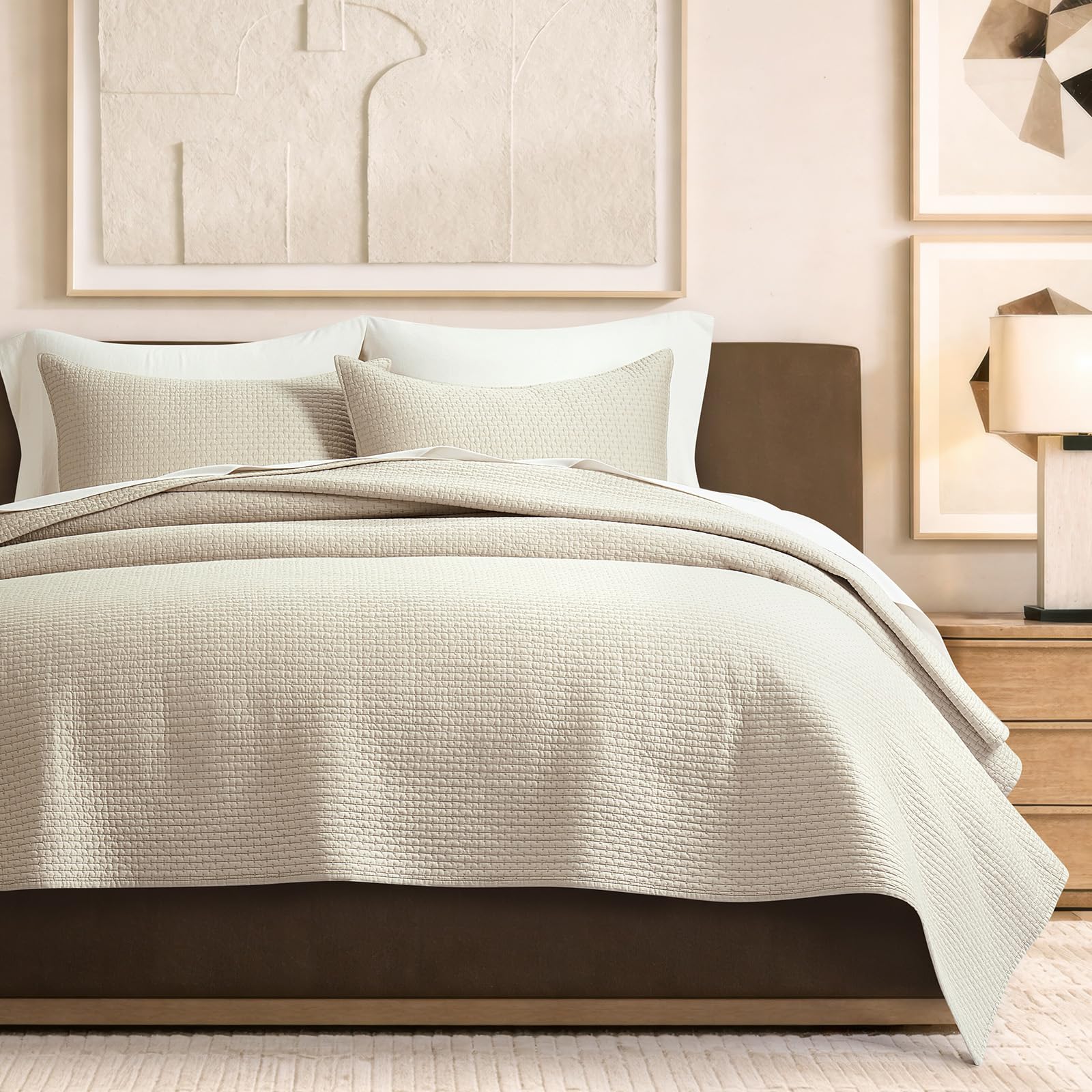 EVERGRACE Cotton Sateen Pick-Stitch Quilt Set Queen Size – 100% Cotton Coverlet Bedding, Pre-Washed Oversized Bedspread, Breathable All-Season Quilt Set with 2 Shams, Stone Taupe