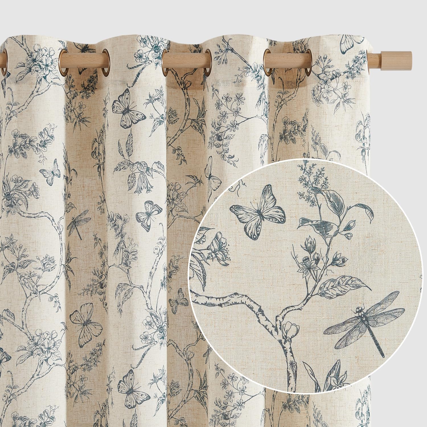 Lazzzy Linen Farmhouse Curtains for Living Room 84 Inch Length Floral Print Window Curtains Semi Sheer Drapes for Bedroom Country Light Filtering Curtain Grommet Top 2 Panels Blue on Beige