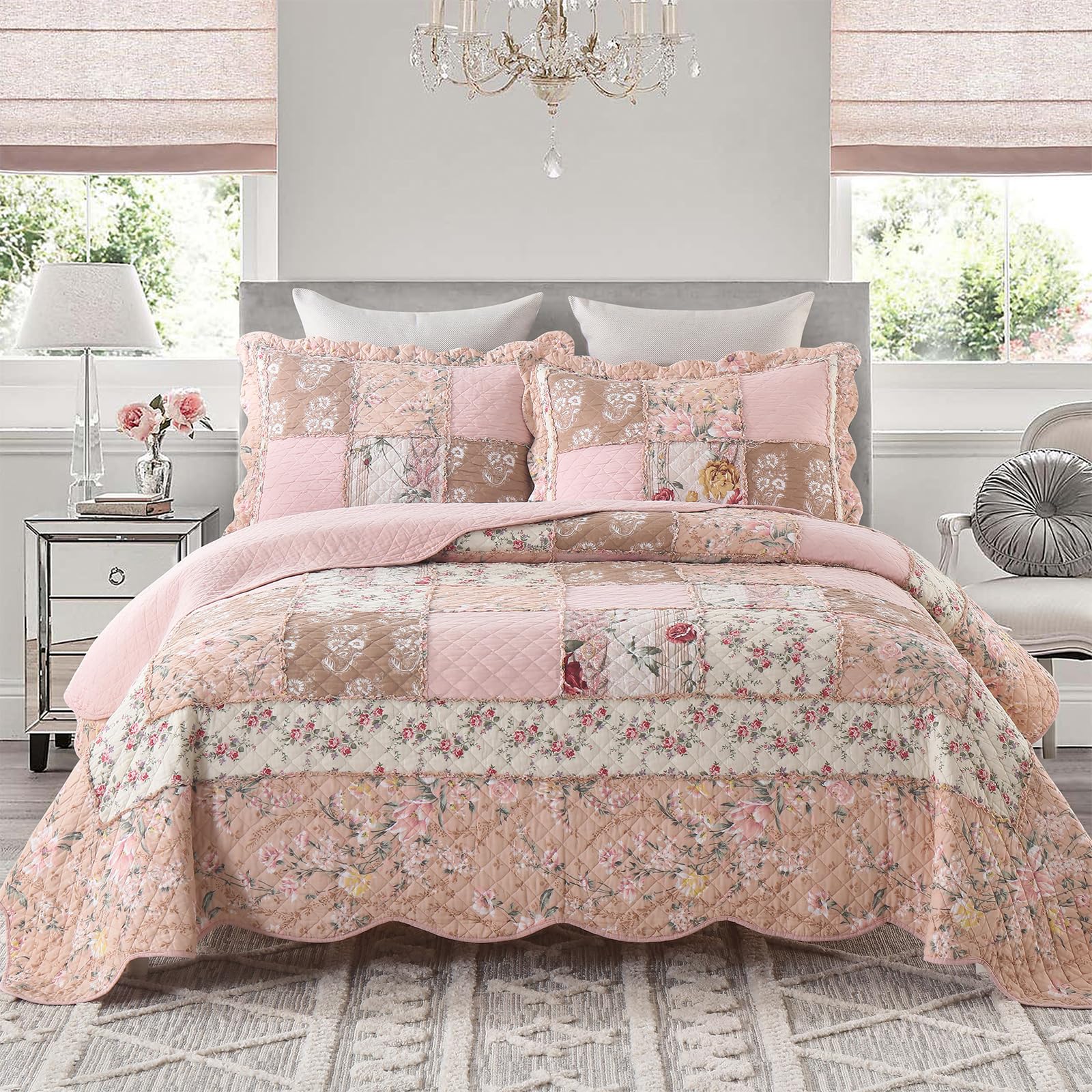 Yvooxny Quilts Queen Size Reversible Lightweight Bedspread 3-Piece Quilt Set Plaid Floral Patchwork 100% Cotton Queen Quilt Set Bedding Set with Pillow Shams for All Seasons, Azure Blue, 90x98''