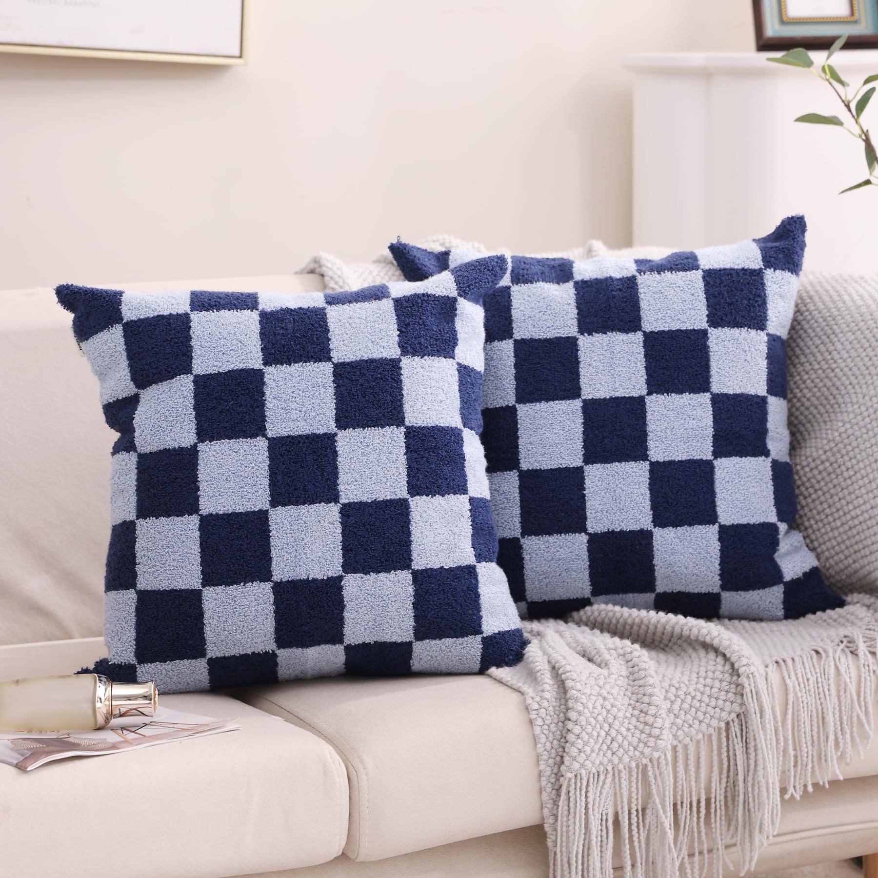 Navy Blue Boho Geometric Pillow Covers 18x18", Set of 2 Embroidered Cotton Cushion Cases