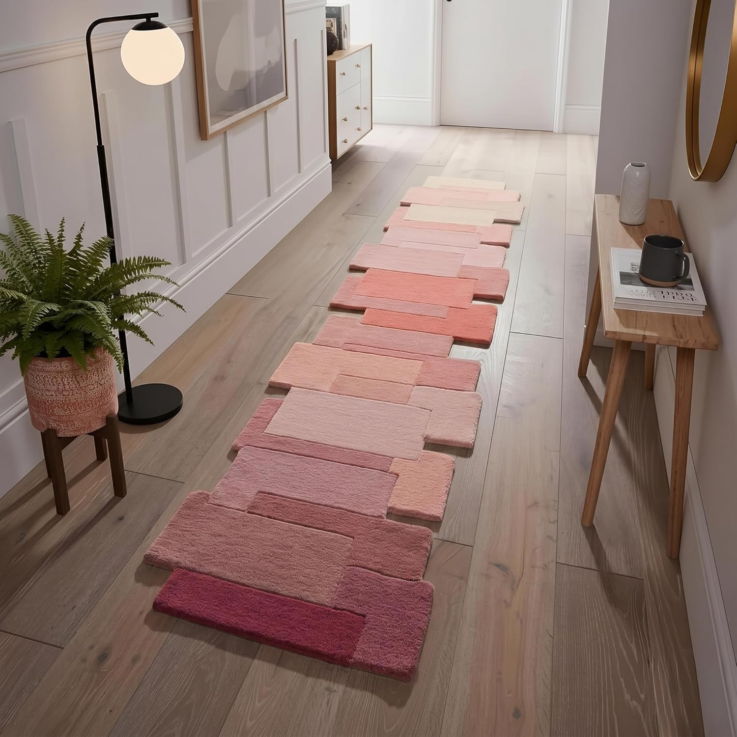 Restoration and Renovation Multi-Color Wool Runner Rug 2.6' x 8' – Handmade, Irregular Block Pattern, Artistic Geometric Design Carpet for Living Room, Bedroom, Kitchen & Home Decor