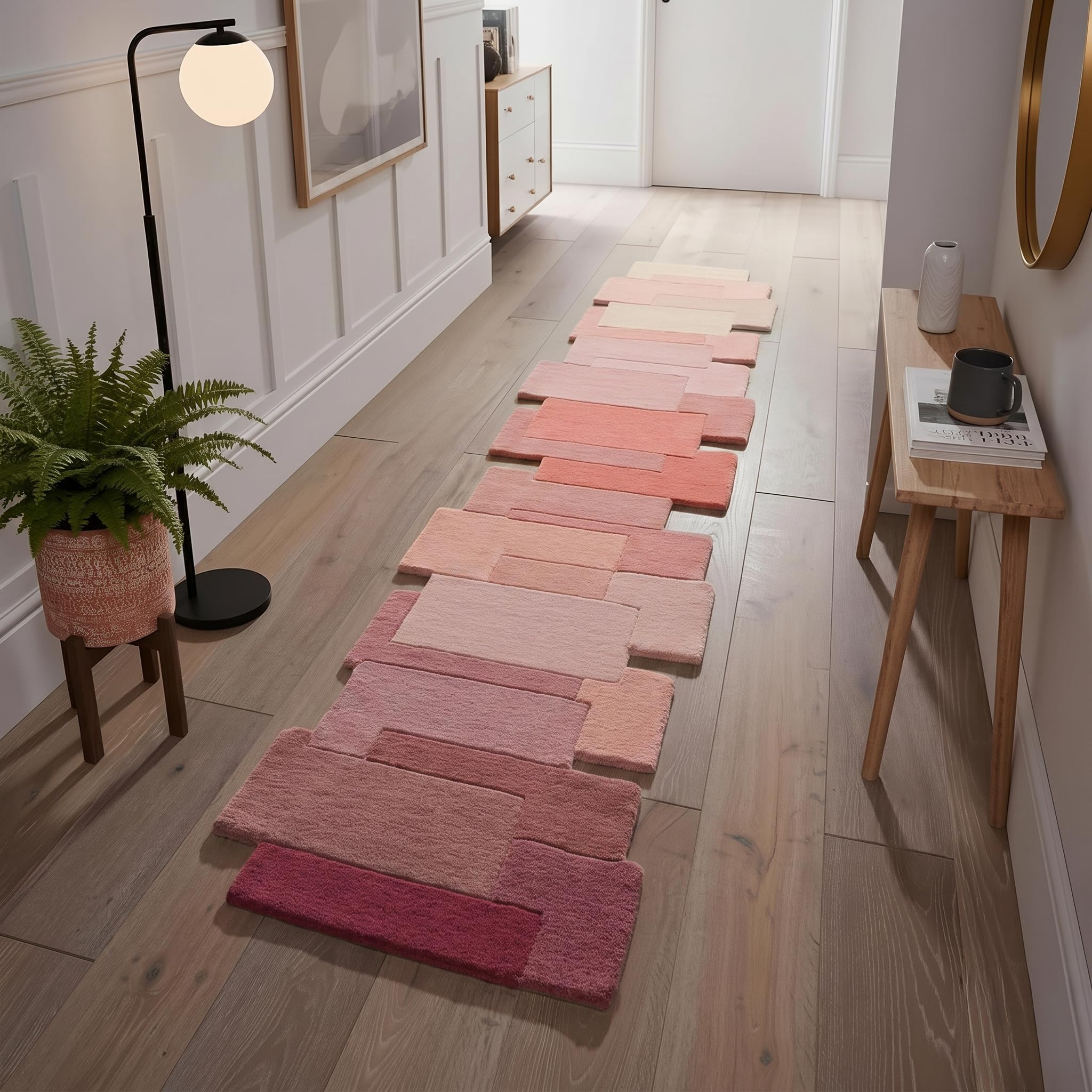 Restoration and Renovation Multi-Color Wool Runner Rug 2.6' x 8' – Handmade, Irregular Block Pattern, Artistic Geometric Design Carpet for Living Room, Bedroom, Kitchen & Home Decor