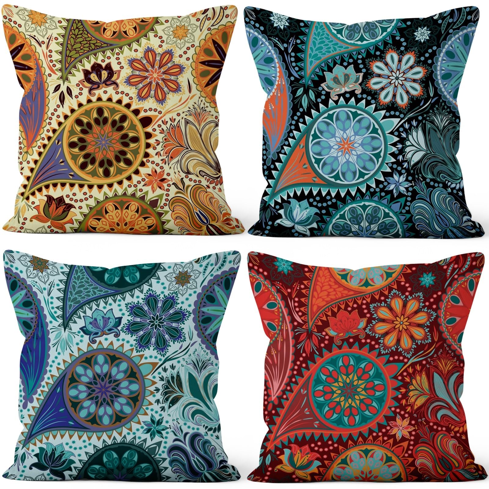 4 Pcs/Set Geometric Pillow Covers Boho Abstract Strips Patchwork Color Geometric Ethnic Colorful Vintage Artwork Linen Throw Cushion Cases for Couch Sofa Bedroom Decorative, 22"x22"