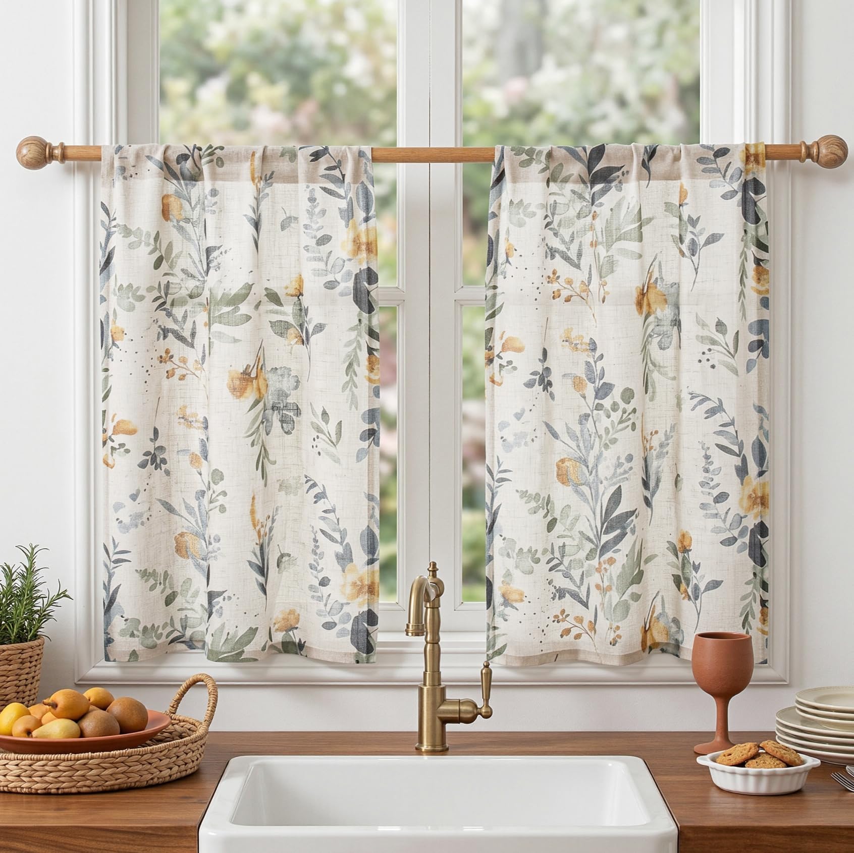MYSKY HOME Sheer Curtains 84 Inches Long 2 Panels Linen Blended Farmhouse Curtains & Drapes for Living Room Bedroom, Light Filtering Privacy Curtains Floral Printed Classical Home Decor, Navy Blue(2)
