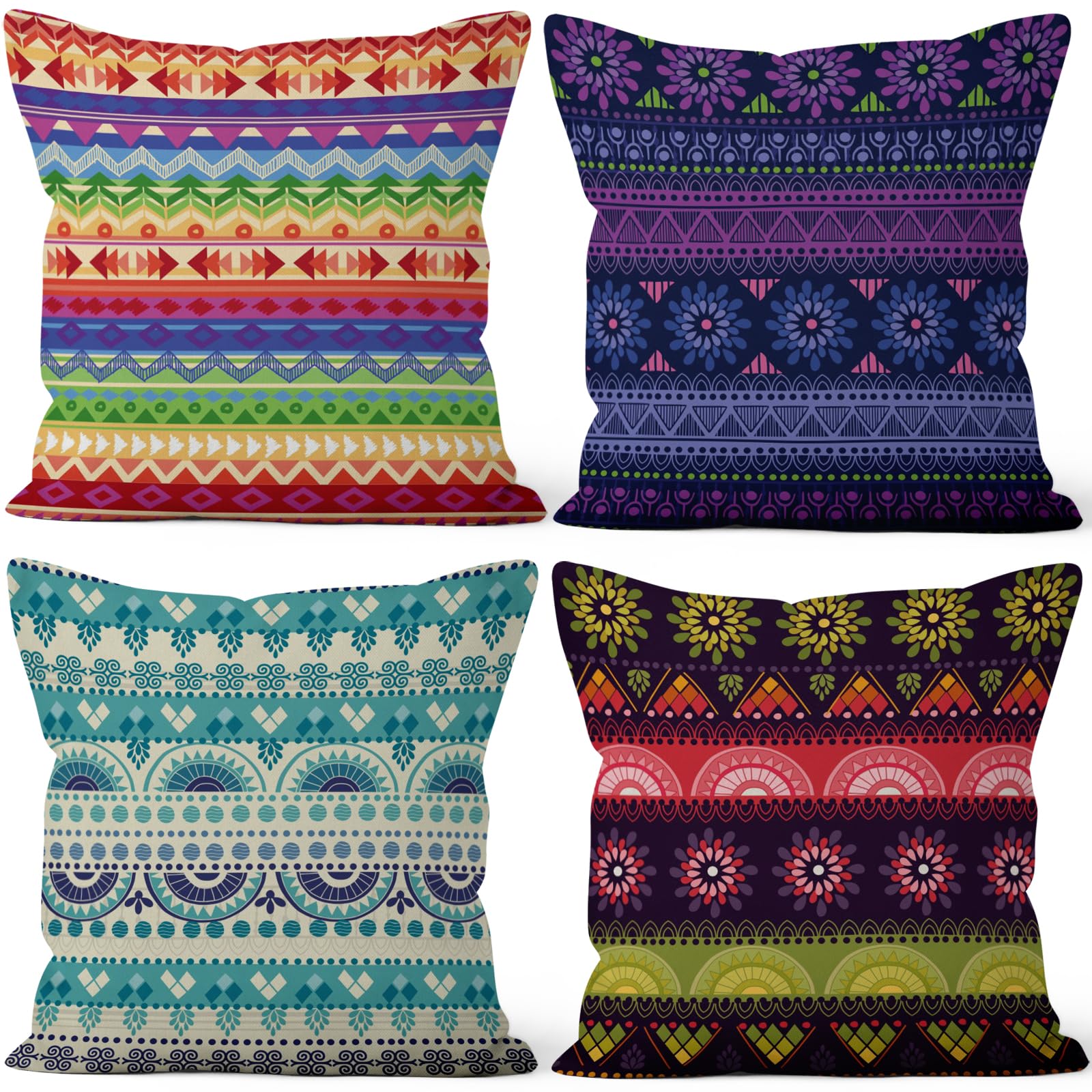 4 Pcs/Set Geometric Pillow Covers Boho Abstract Strips Patchwork Color Geometric Ethnic Colorful Vintage Artwork Linen Throw Cushion Cases for Couch Sofa Bedroom Decorative, 22"x22"