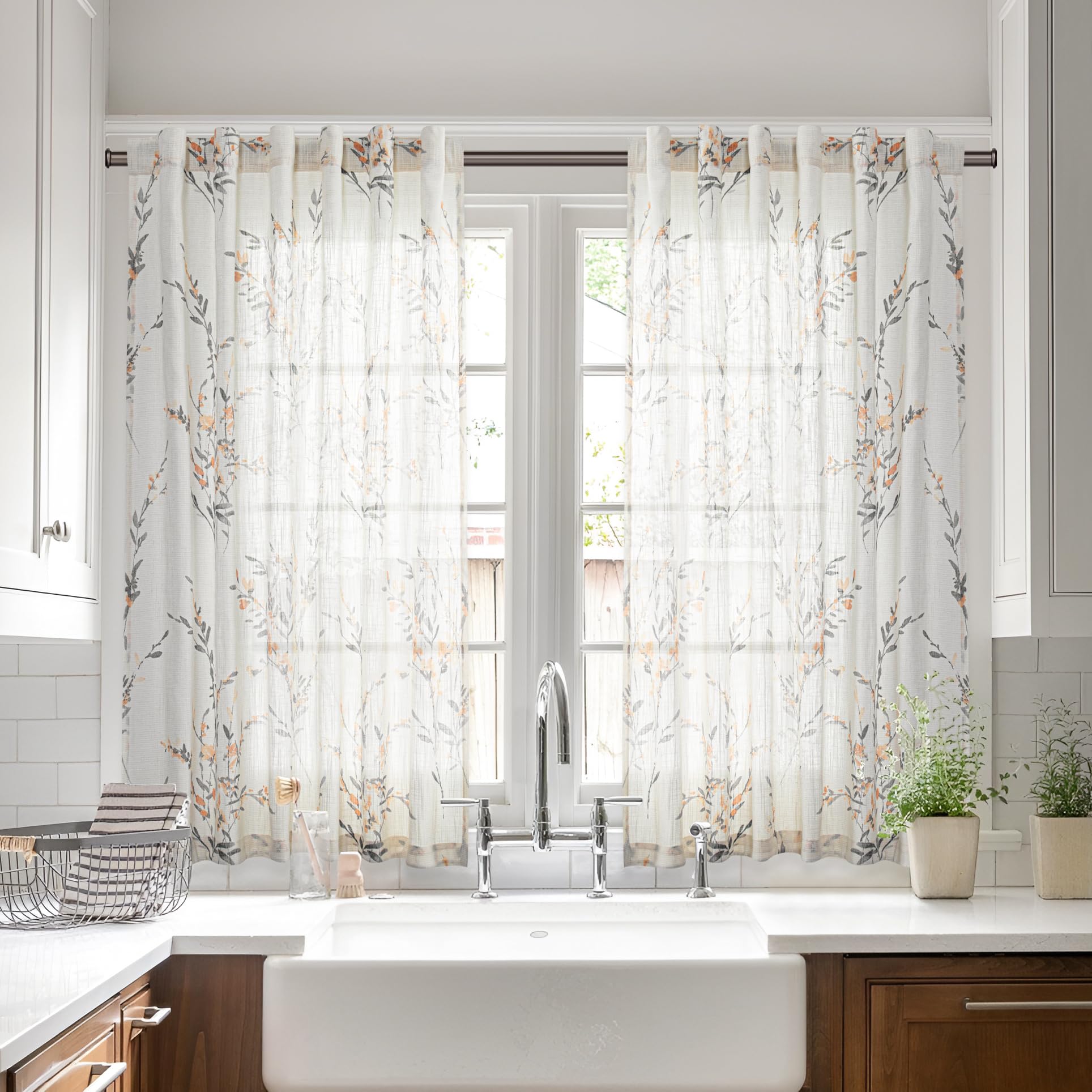 MYSKY HOME Sheer Curtains 84 Inches Long 2 Panels Linen Blended Farmhouse Curtains & Drapes for Living Room Bedroom, Light Filtering Privacy Curtains Floral Printed Classical Home Decor, Navy Blue(2)