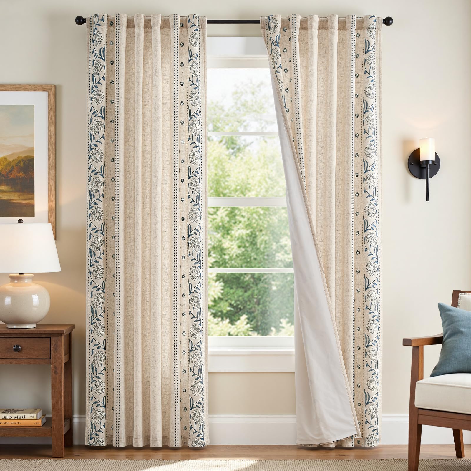 jinchan Winslow Linen Curtains for Bedroom 84 Inches Length Embroidered Bordered Floral Curtains for Living Room Farmhouse Decor Light Filtering Window Treatments Blue on Beige Drapes 2 Panels