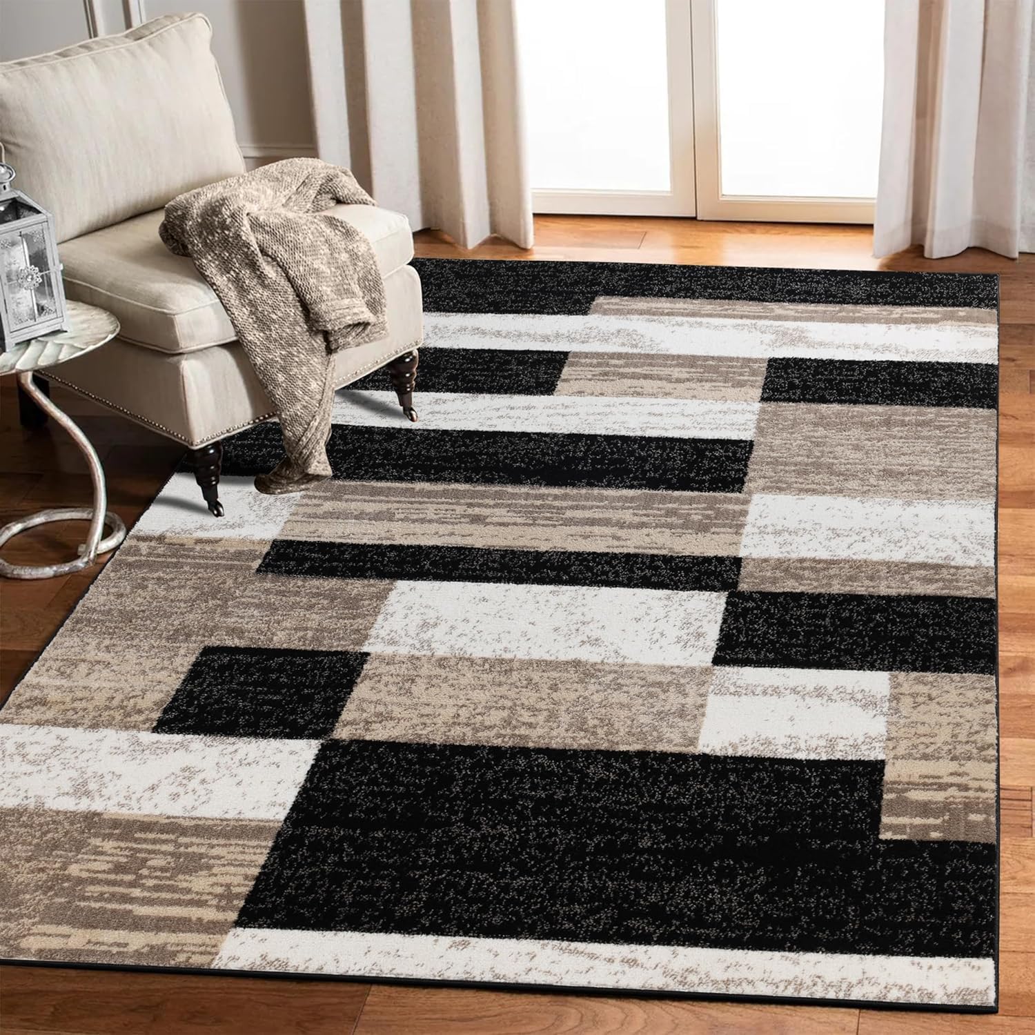 SUPERIOR Indoor Area Rug, Jute Backed, Modern Geometric Patchwork Floor Decor for Bedroom, Office, Living Room, Entryway, Hardwood Floors, Rockwood Collection, 4' x 6', Chocolate