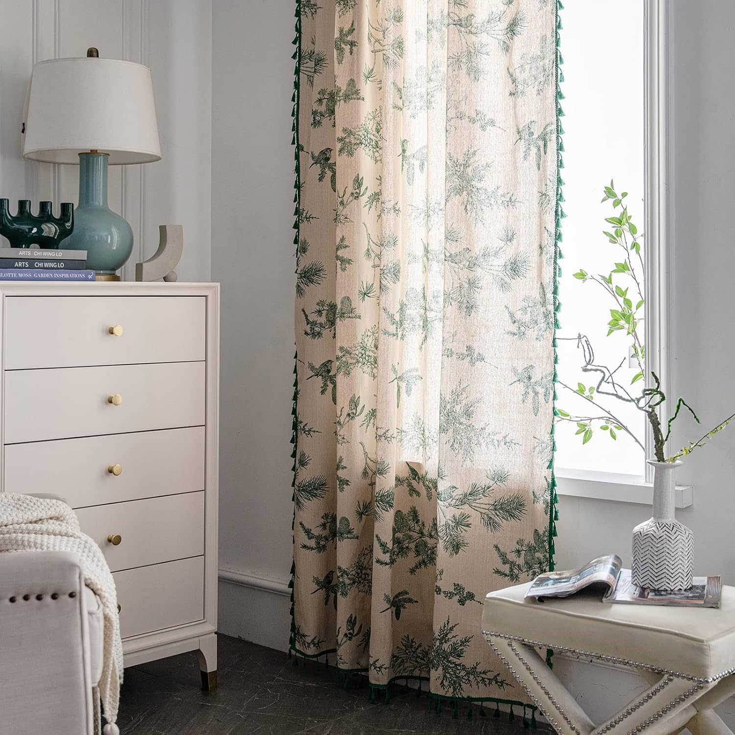Green Boho Floral Curtains 84", 2 Panels Cotton Linen Semi-Blackout Drapes with Tassel