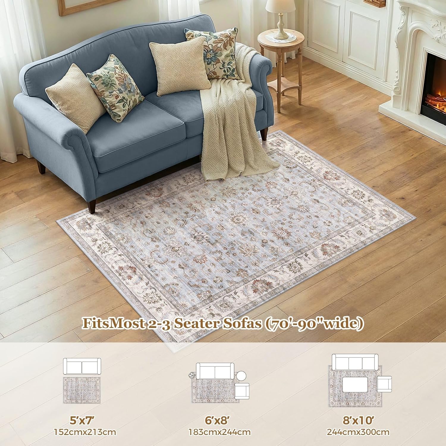 WITSHOCK 10x14 Area Rugs Living Room: Washable Large Neutral Vintage Soft Rug Stain Resistant Non-Slip Farmhouse Indoor Low Pile Floor Carpet for Bedroom Nursery Kids Office- Light Blue