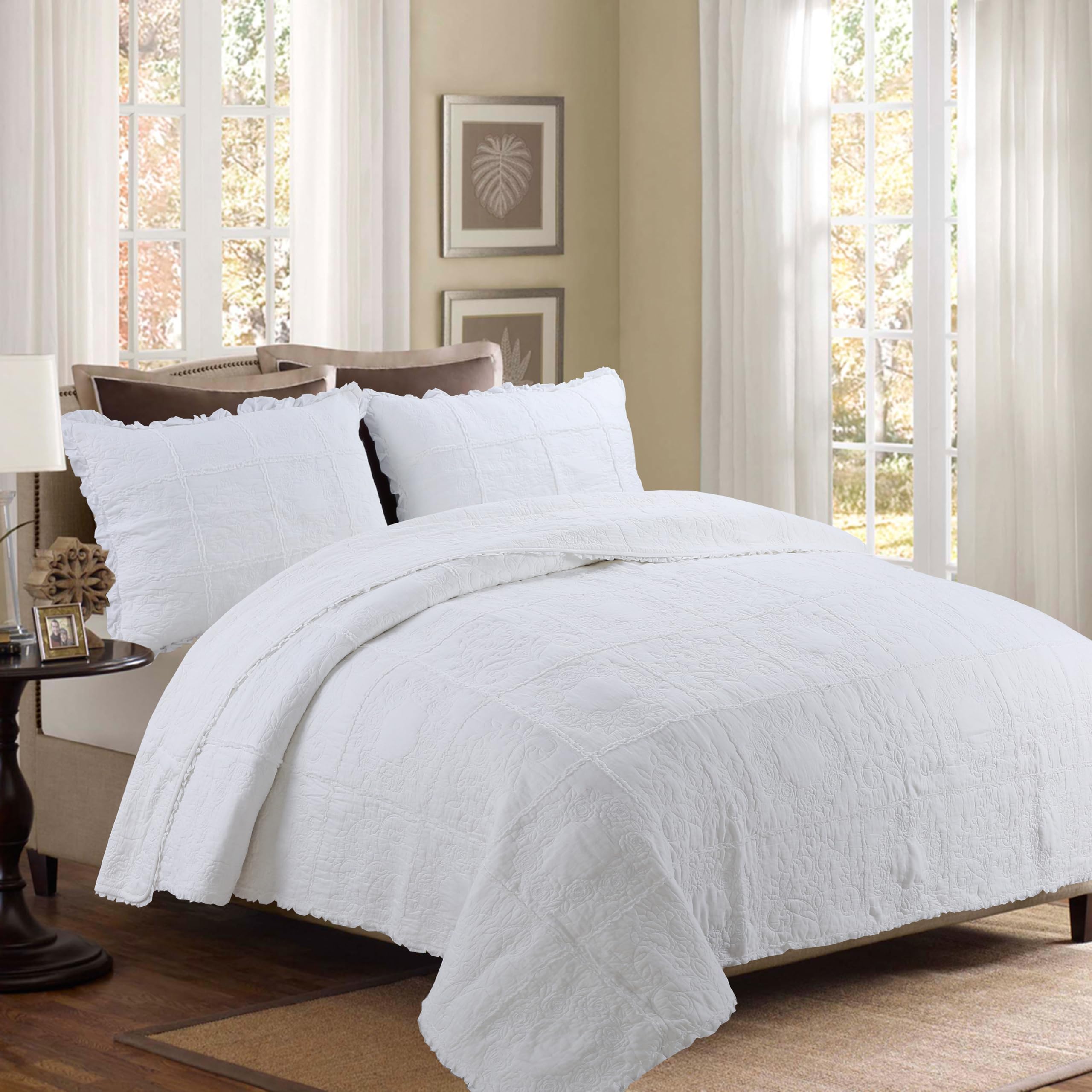 DURLENGEN Forest 100% Cotton Queen Quilt 3Pcs,Bohemian Reversible Leaves & Flowers Pattern on White, Luxury Lightweight Coverlet Sets for All Season(Queen 90x96,Forest)